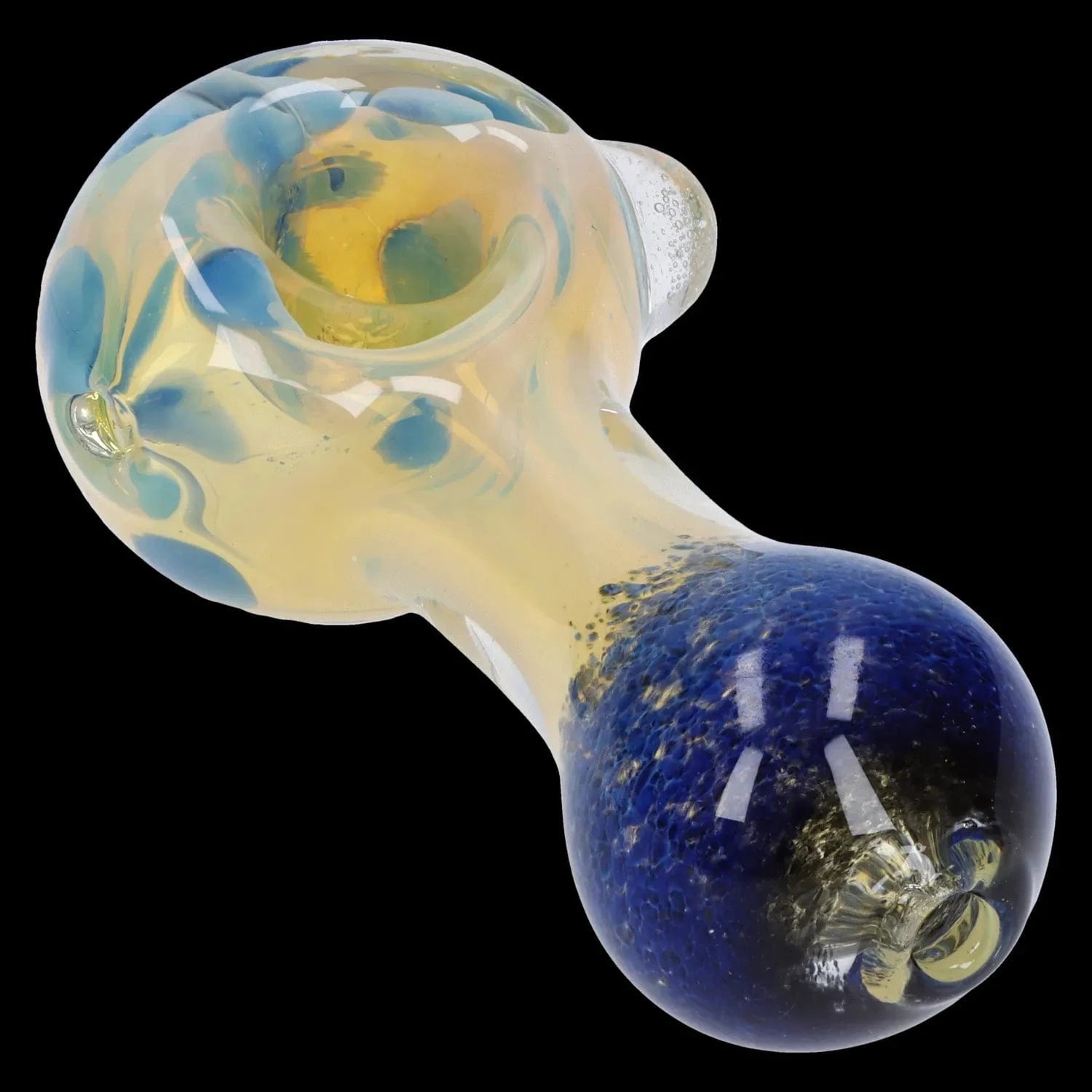 Close-up angled view of the Gold and Frit Spoon Pipe - 4 in showing a translucent yellow bowl with blue frit spots and a deep blue rounded mouthpiece against black background