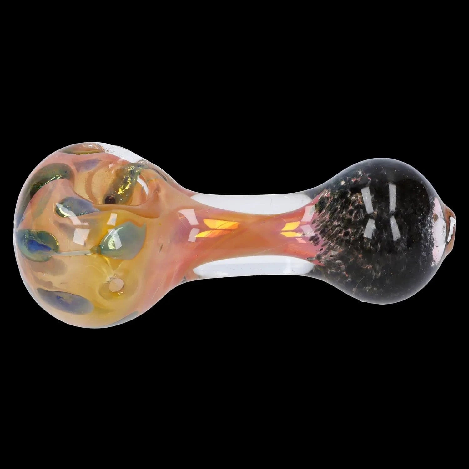Top-down close-up of the Gold and Frit Spoon Pipe - 4 in, showing its iridescent amber bowl, clear neck, and dark fritted mouthpiece on black.