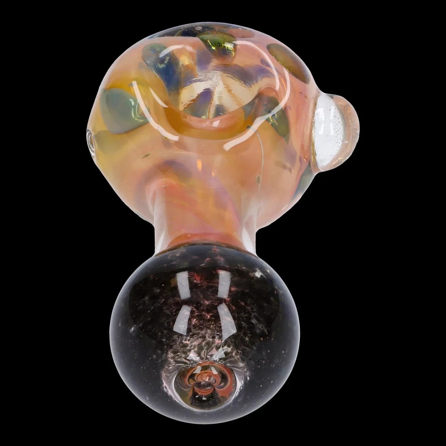 Top-down close-up of the Gold and Frit Spoon Pipe - 4 in showing its iridescent peach bowl and dark glass handle against a black background