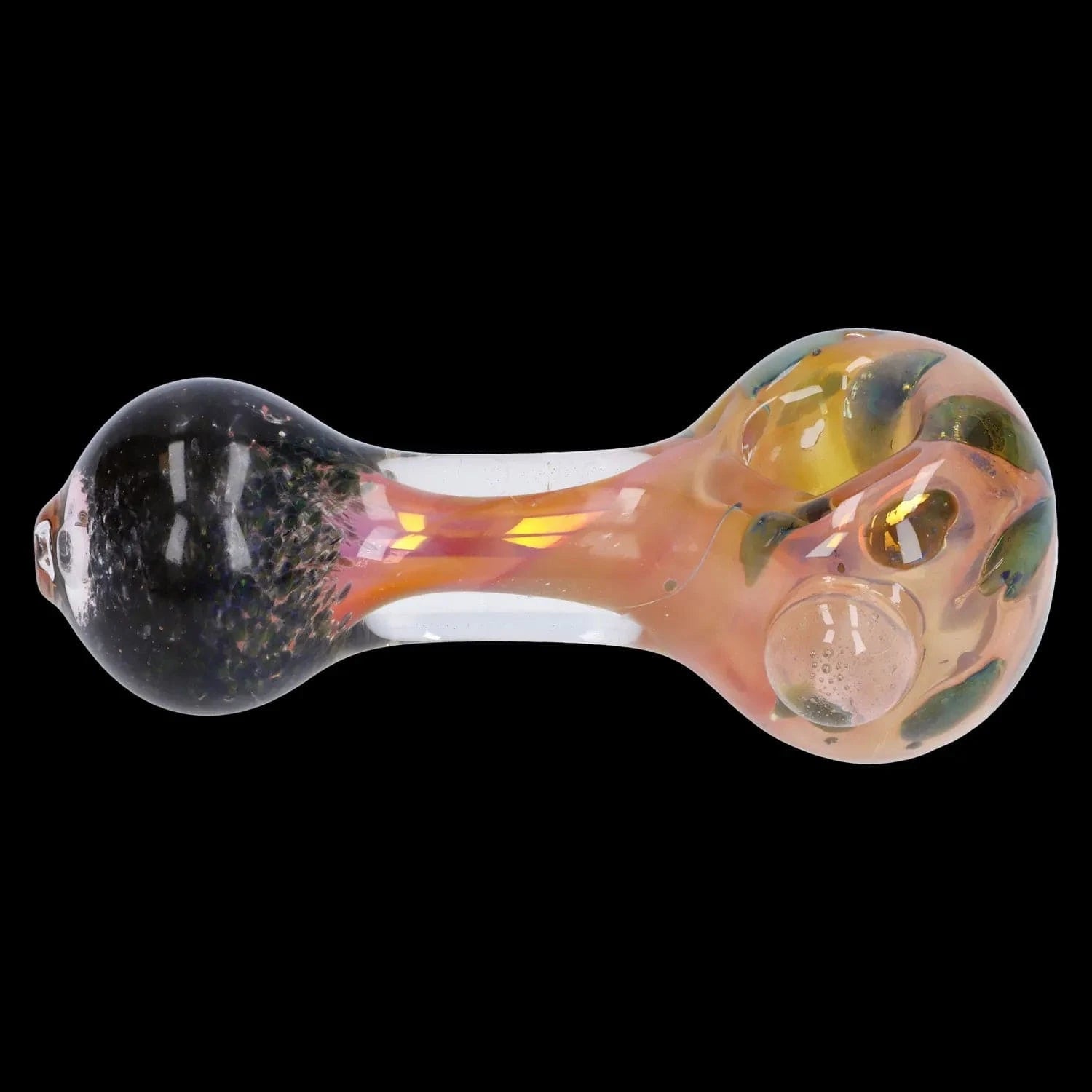 Side view of the Gold and Frit Spoon Pipe - 4 in showing a clear glass stem with iridescent gold and pink hues and a textured black bowl against a black background
