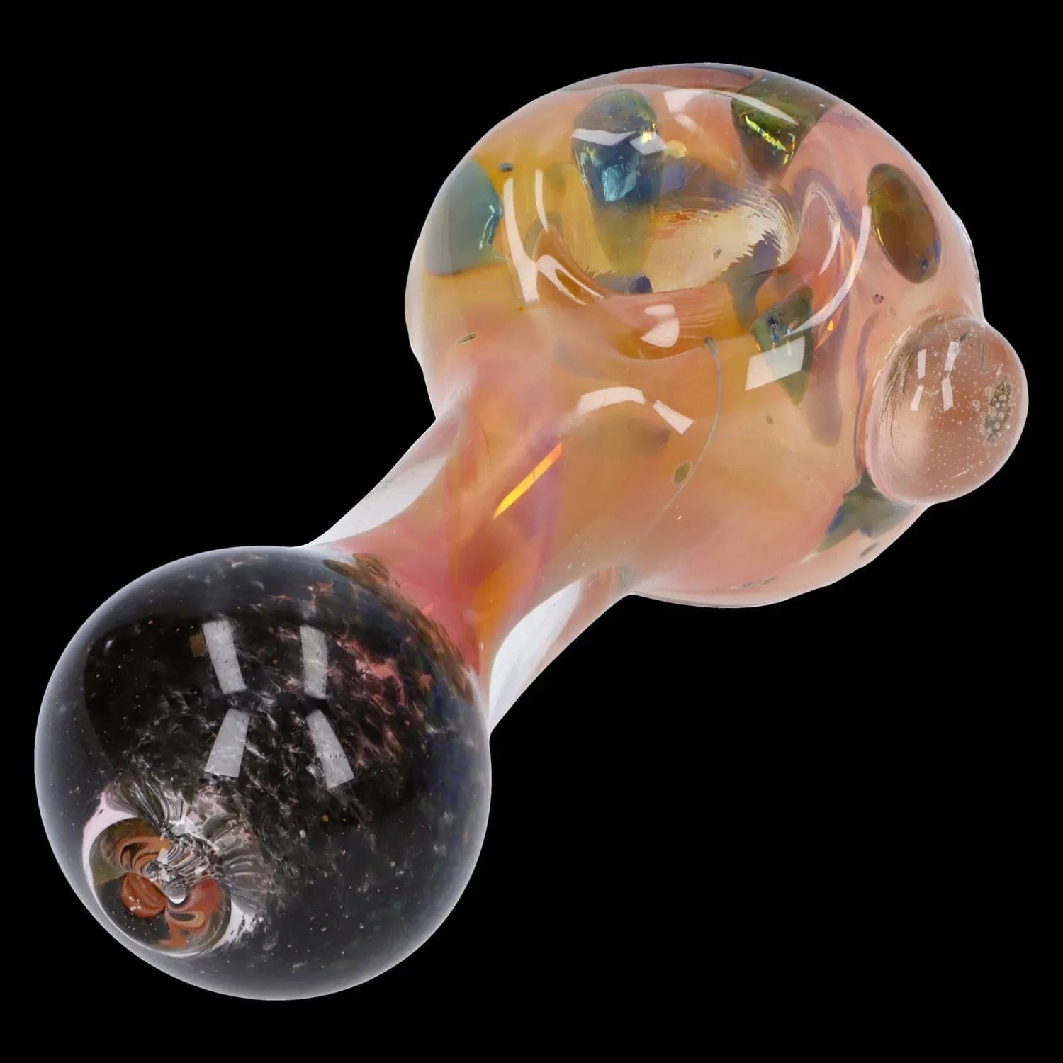 Angled close-up of the Gold and Frit Spoon Pipe - 4 in showing its iridescent pink-orange bowl, black rounded mouthpiece, and reflective highlights on a black background