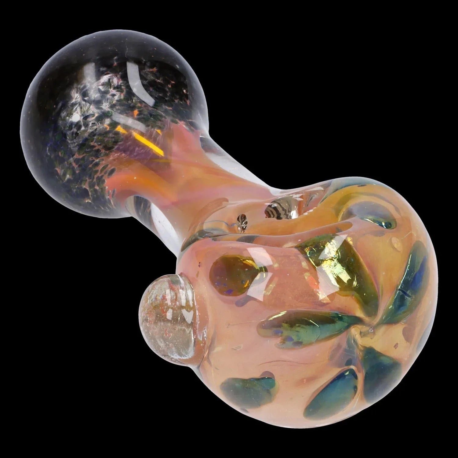 Close-up three-quarter view of the Gold and Frit Spoon Pipe - 4 in, showing its iridescent pink glass bowl with blue-green frit accents against a black background