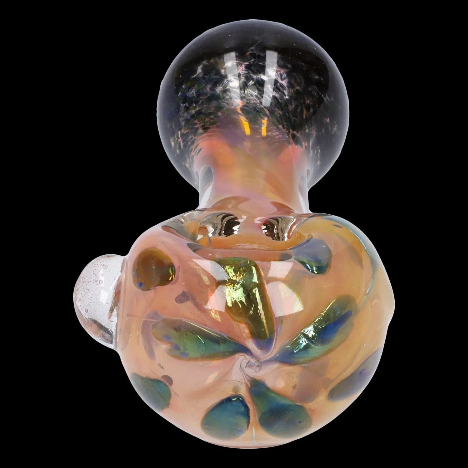 Close-up front view of the Gold and Frit Spoon Pipe - 4 in showing iridescent pink-orange glass with blue-green frit dots and a clear rounded bowl against a black background