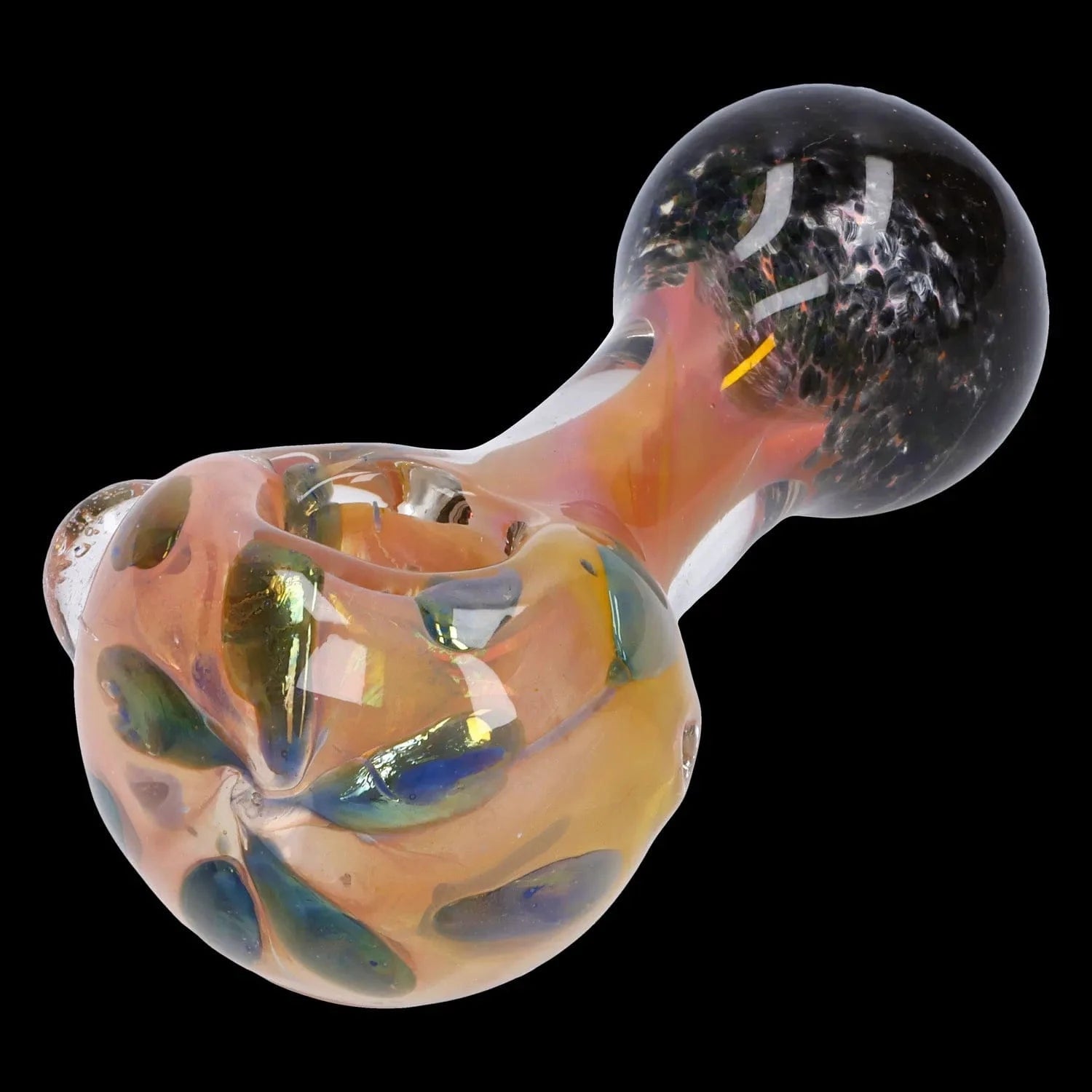Close-up angled view of the Gold and Frit Spoon Pipe - 4 in, showing its iridescent orange bowl with blue frit accents against a black background.