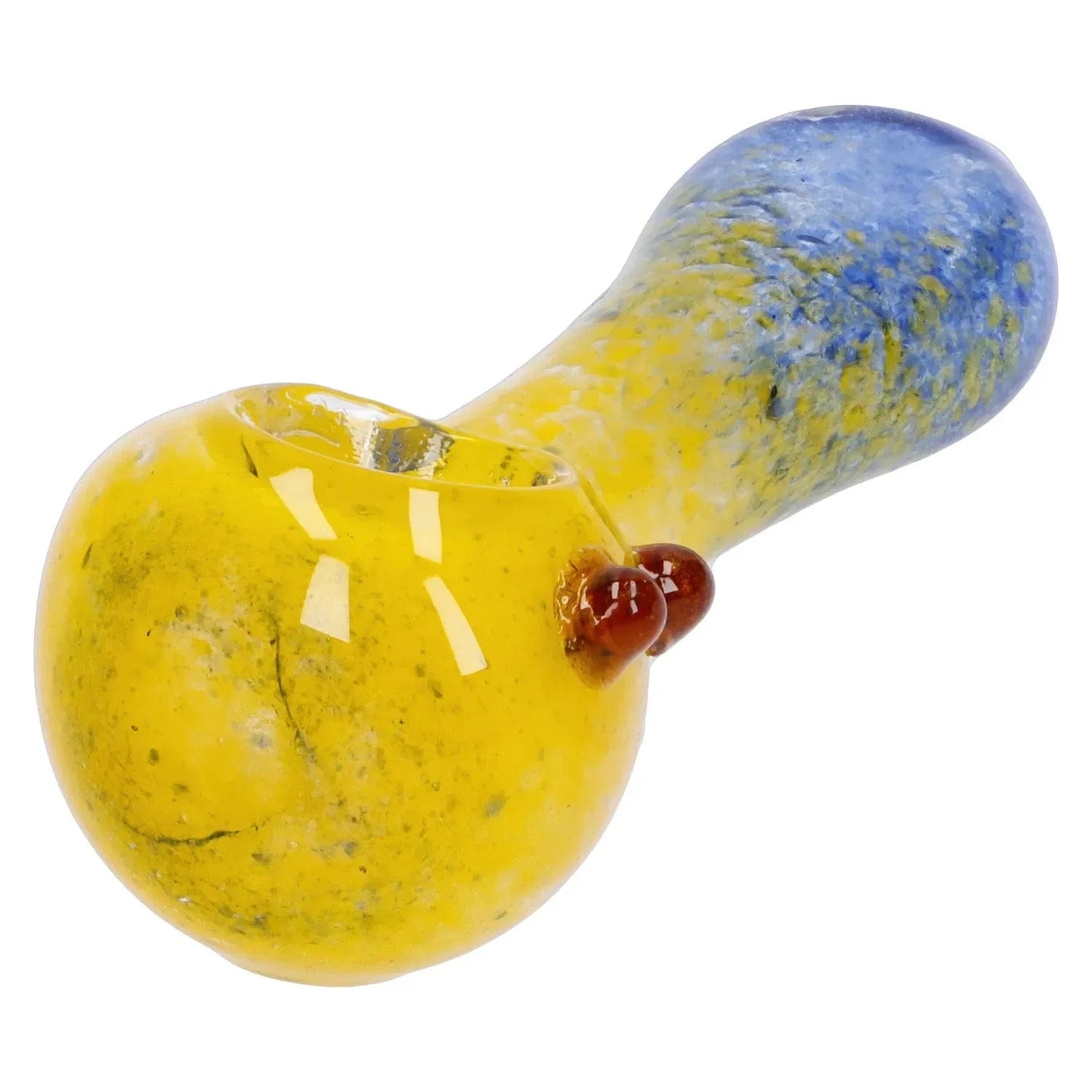 Close-up angled view of the Gradient Glass Frit Pipe - 3.5 in showing its yellow bowl blending into a blue-speckled neck with two small red glass knobs.