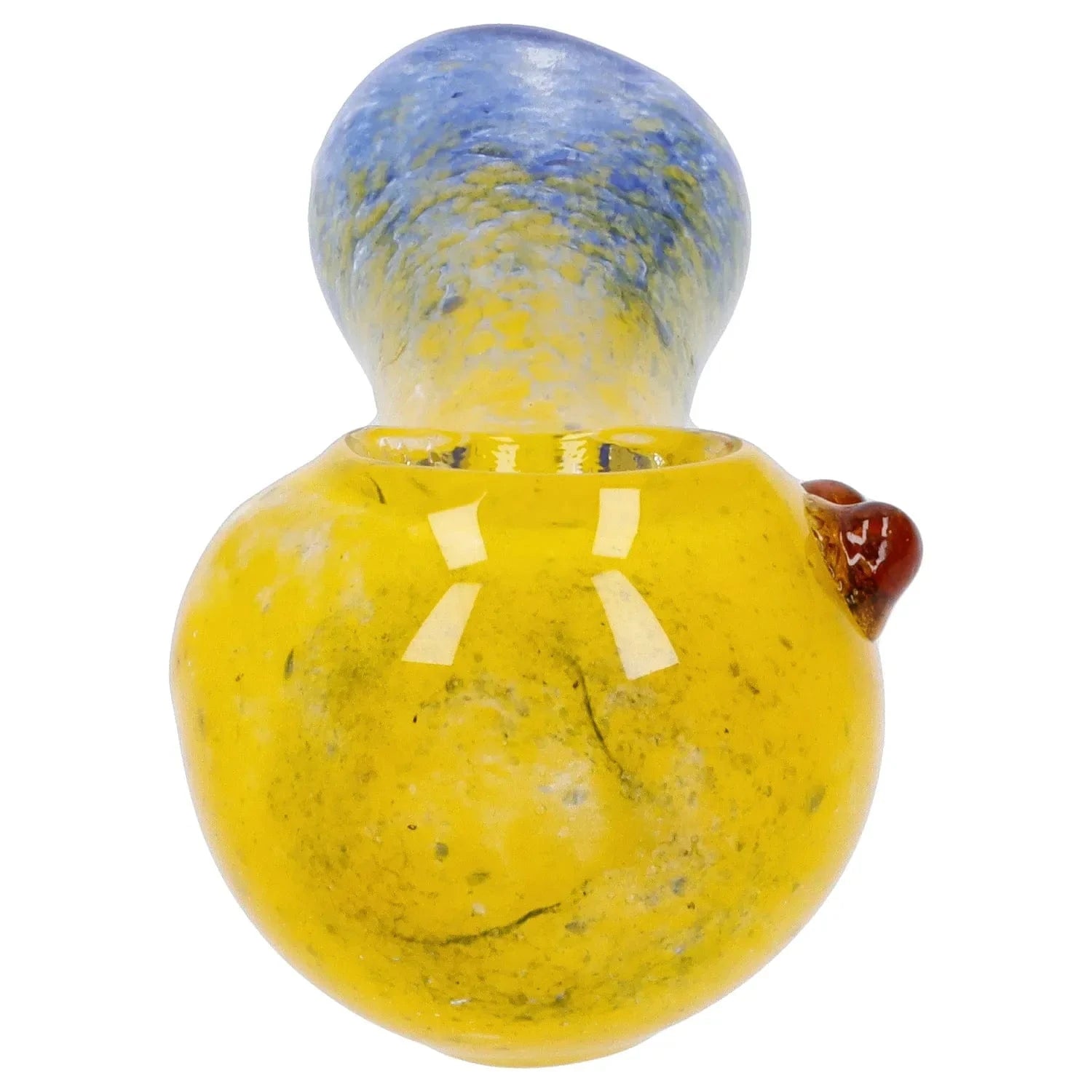 Close-up front view of the Gradient Glass Frit Pipe - 3.5 in showing a yellow rounded bowl with a blue-speckled neck and glossy reflections.