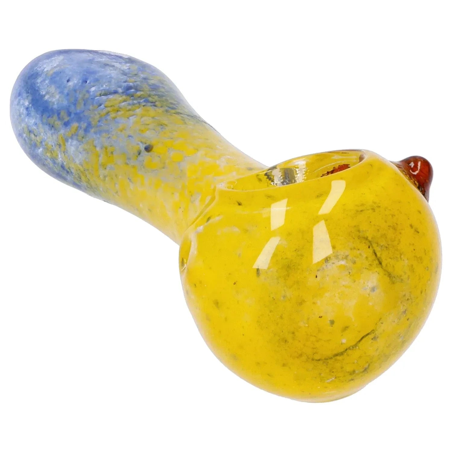 Close-up angled view of the Gradient Glass Frit Pipe - 3.5 in showing a glossy yellow bowl that fades into mottled blue along the handle.