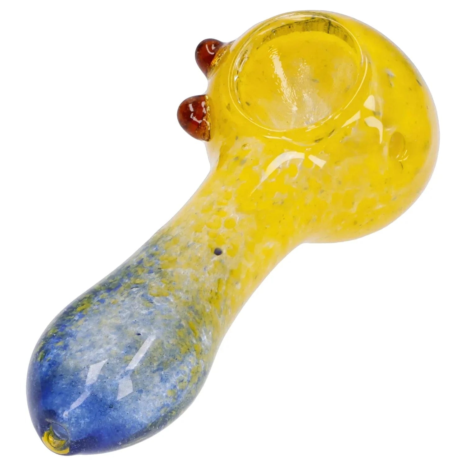 Close-up diagonal view of the Gradient Glass Frit Pipe - 3.5 in showing a yellow bowl area with blue-speckled handle and two small amber glass knobs.