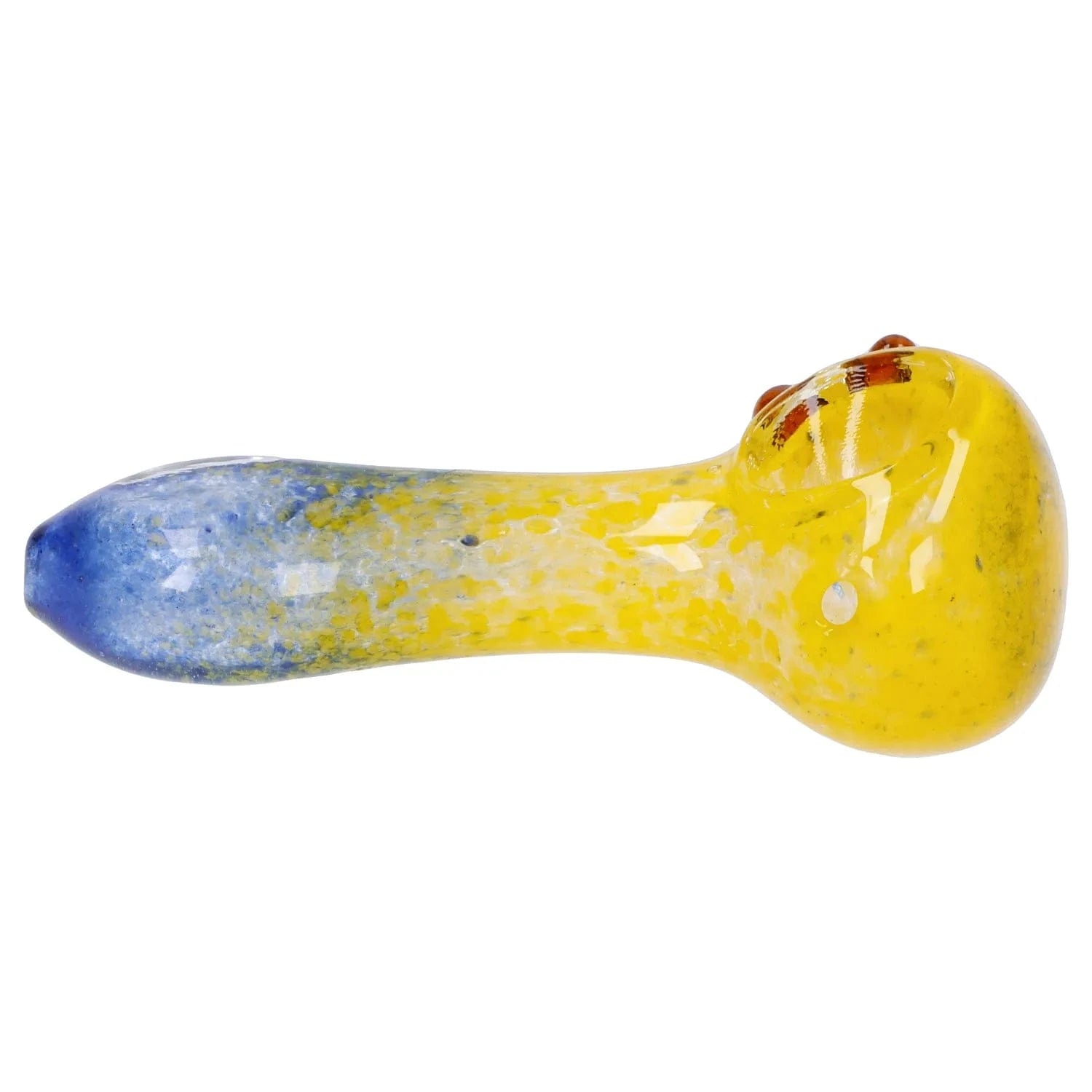 Side view of the Gradient Glass Frit Pipe - 3.5 in showing a yellow bulbous bowl transitioning to a blue-speckled mouthpiece on a white background