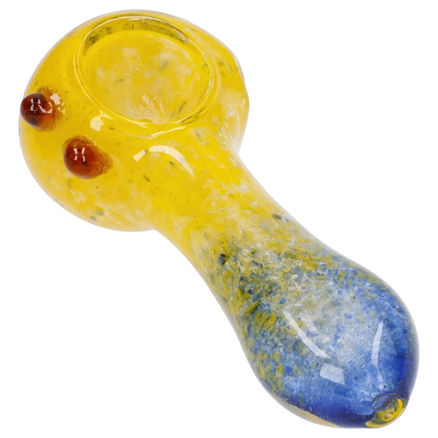 Angled close-up of the Gradient Glass Frit Pipe - 3.5 in showing its yellow bowl with two amber glass dots and a blue-speckled handle on a white background