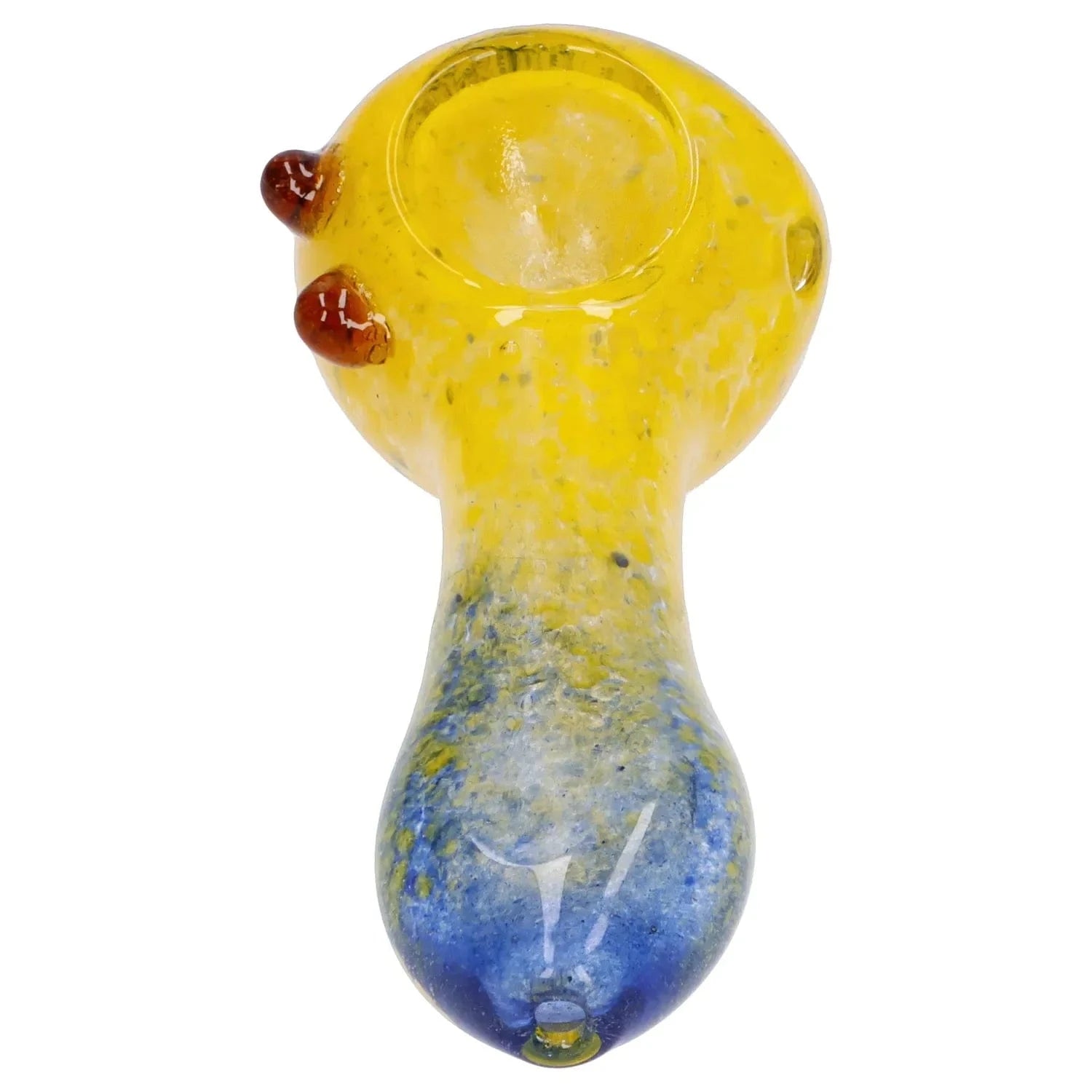 Top-down view of a yellow-to-blue Gradient Glass Frit Pipe - 3.5 in showing the rounded bowl with two amber glass nubs and a speckled stem.