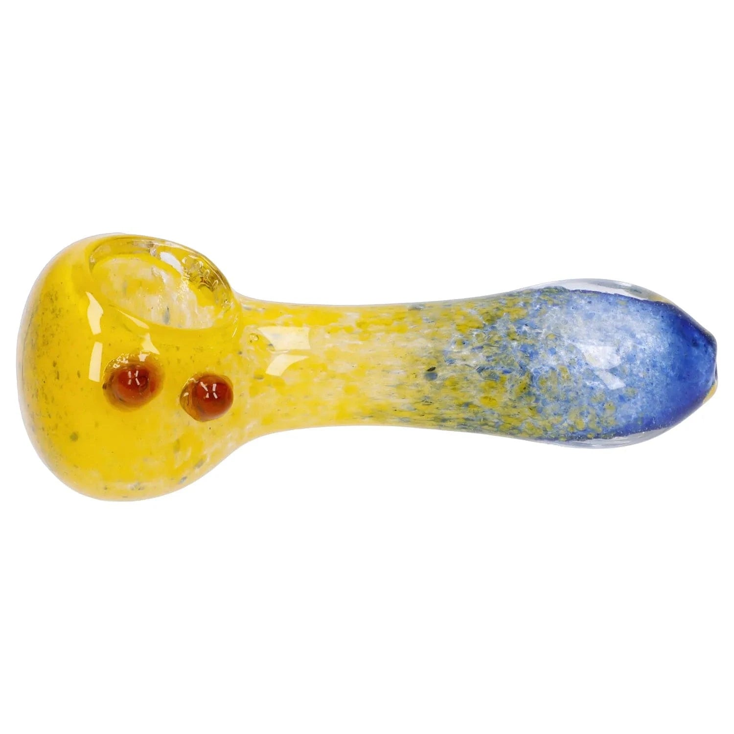 Top-down view of the Gradient Glass Frit Pipe - 3.5 in showing a yellow bowl end with two red glass dots fading into a speckled blue mouthpiece.