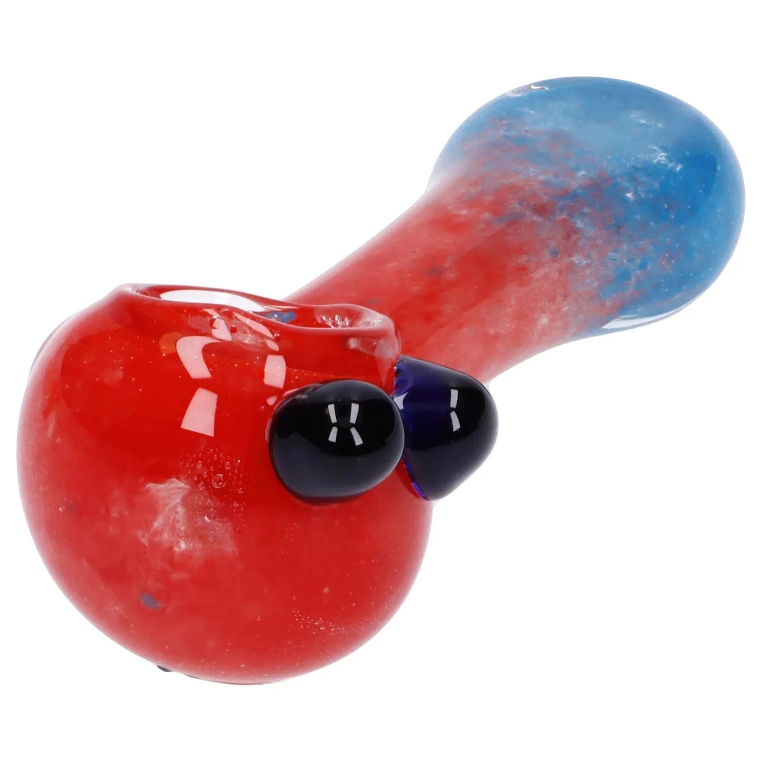 Close-up angled view of the Gradient Glass Frit Pipe - 3.5 in showing a red bowl blending into a blue-speckled neck with black glass accents