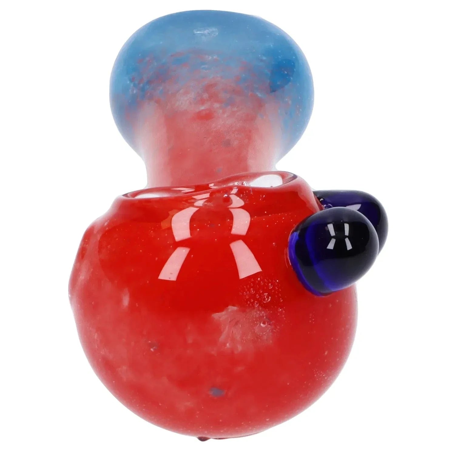 Close-up front view of the Gradient Glass Frit Pipe - 3.5 in showing a rounded red body with a matte blue bowl and two glossy dark blue glass nubs.