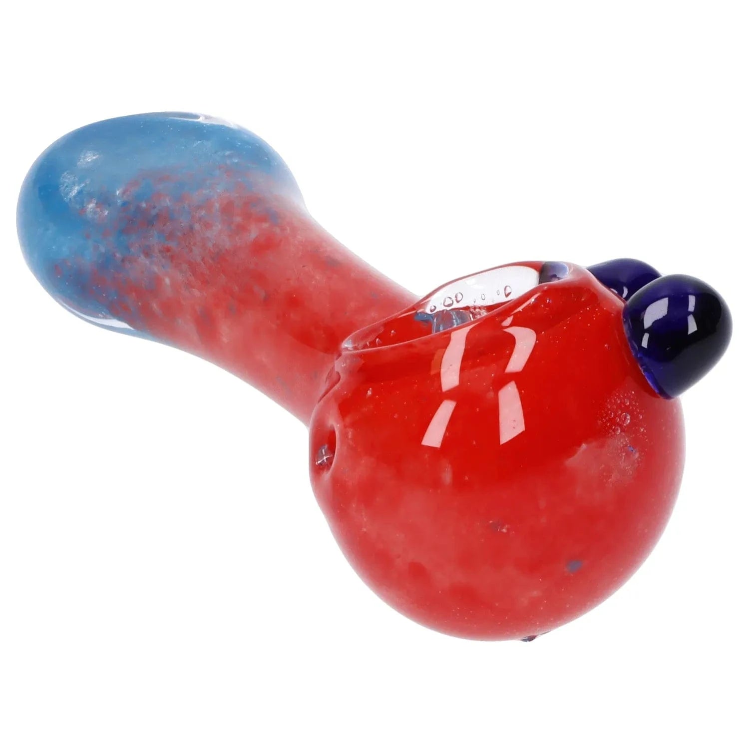 Close-up angled view of the Gradient Glass Frit Pipe - 3.5 in showing its red bulbous bowl blending into a blue-speckled neck with two dark blue glass knobs.