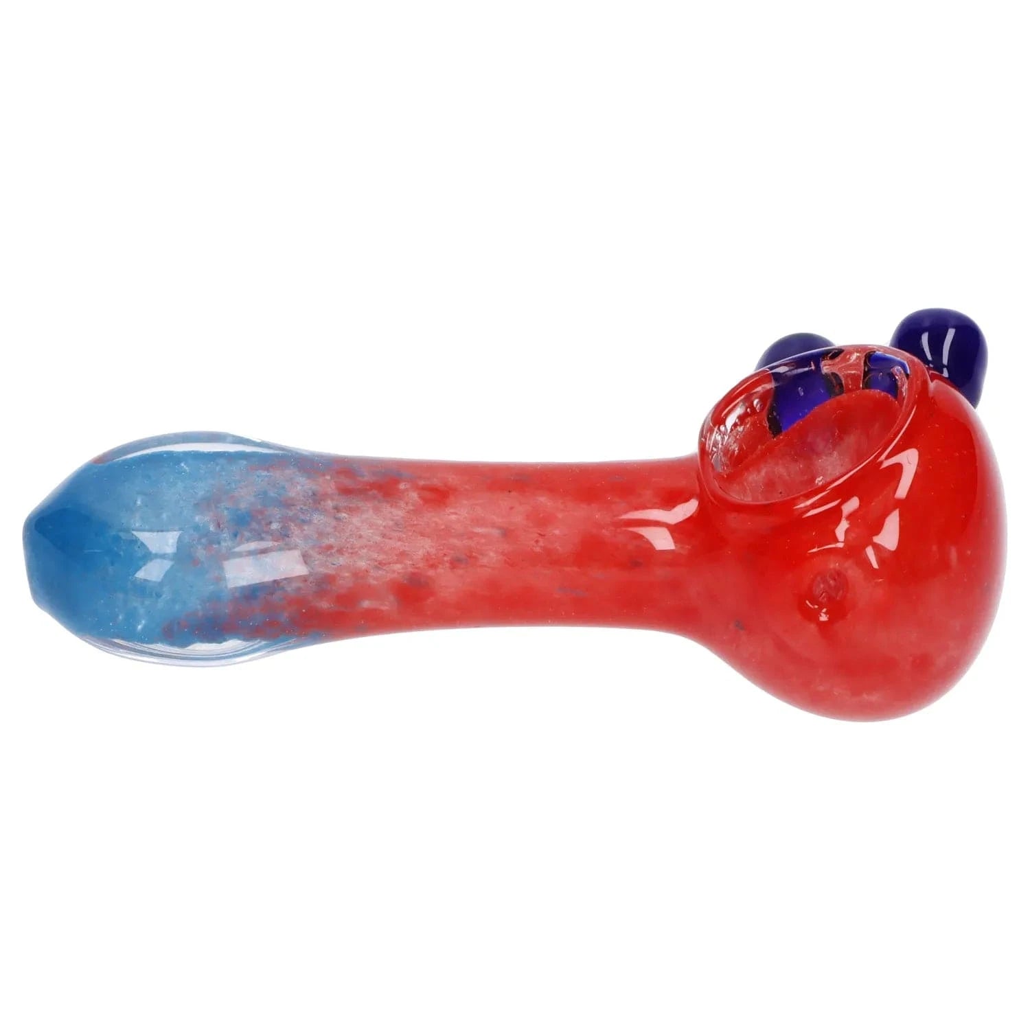 Side view of the Gradient Glass Frit Pipe - 3.5 in, a red-to-blue glass hand pipe with a rounded bowl and cobalt glass accents on a white background