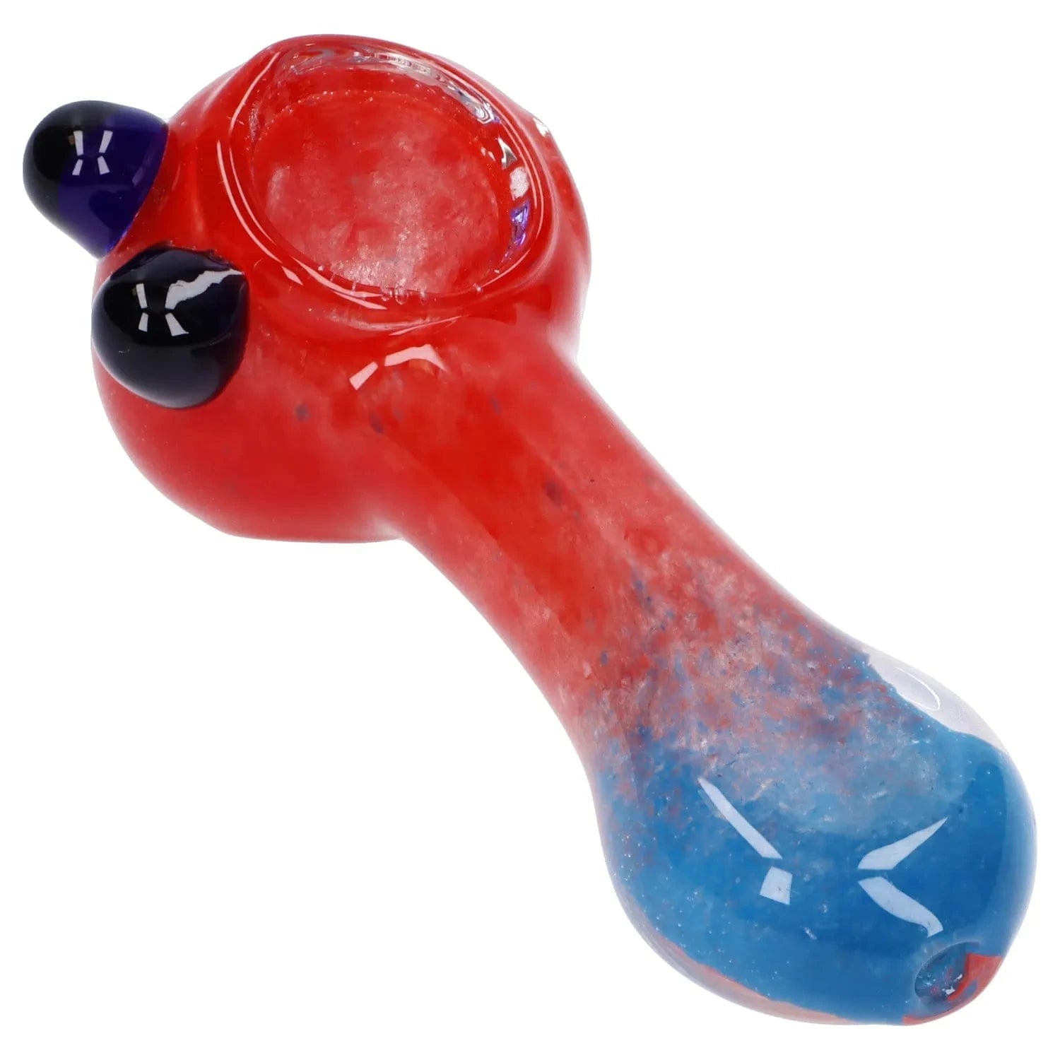 Angled close-up of the Gradient Glass Frit Pipe - 3.5 in showing its red bowl area with two dark glass knobs and a blue-speckled handle on a white background.