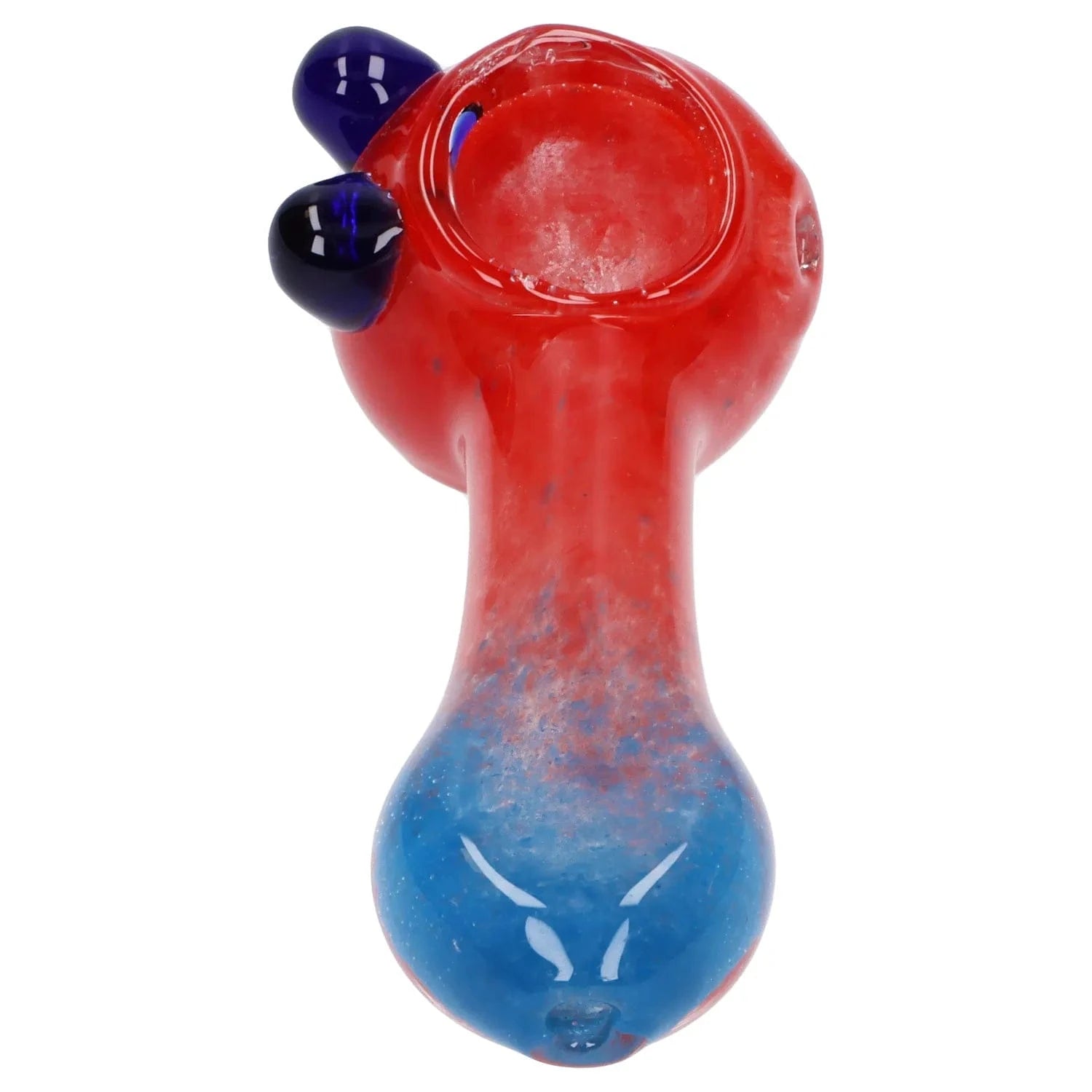 Top-down view of the Gradient Glass Frit Pipe - 3.5 in showing a red bowl with two dark blue raised knobs and a blue-speckled handle.