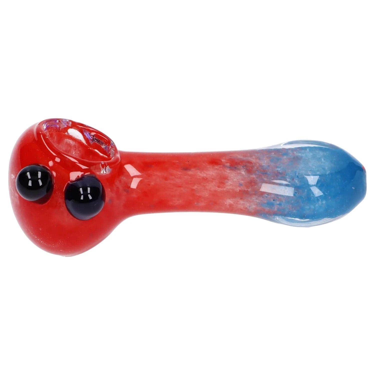 Side view of the Gradient Glass Frit Pipe - 3.5 in showing a red bulbous bowl with two black glass marbles and a gently tapering blue-speckled stem on a white background
