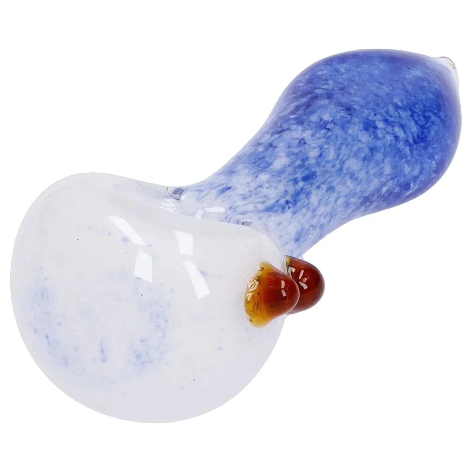 Close-up angled view of the Gradient Glass Frit Pipe - 3.5 in showing its speckled blue handle blending into a cloudy white bowl with two amber glass nubs.
