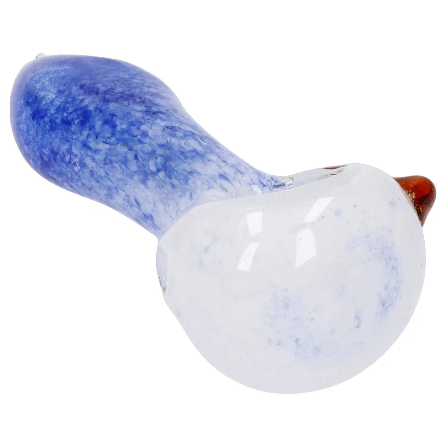 Close-up angled view of the Gradient Glass Frit Pipe - 3.5 in showing its mottled blue handle transitioning into a white speckled bowl against a white background.