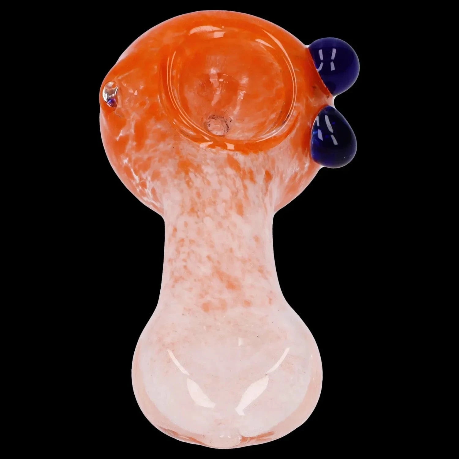 Top-down view of the Gradient Glass Frit Pipe - 3.5 in showing its orange-speckled bowl and two glossy navy blue accent knobs against a black background
