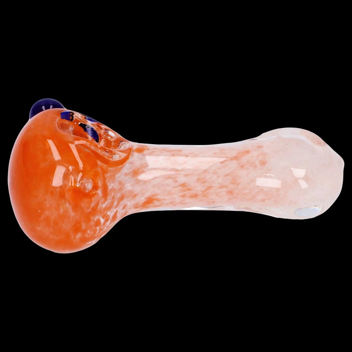 Side view of the Gradient Glass Frit Pipe - 3.5 in showing an orange marbled bowl and clear-to-pink swirled stem against a black background