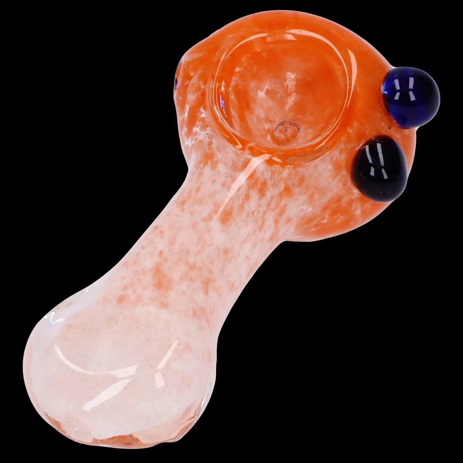 Angled close-up of the Gradient Glass Frit Pipe - 3.5 in showing its orange-speckled bowl and two glossy blue glass accents against a black background