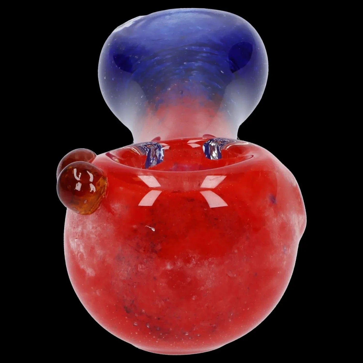 Close-up front view of the Gradient Glass Frit Pipe - 3.5 in showing a red bowl with a blue rounded mouthpiece against black.