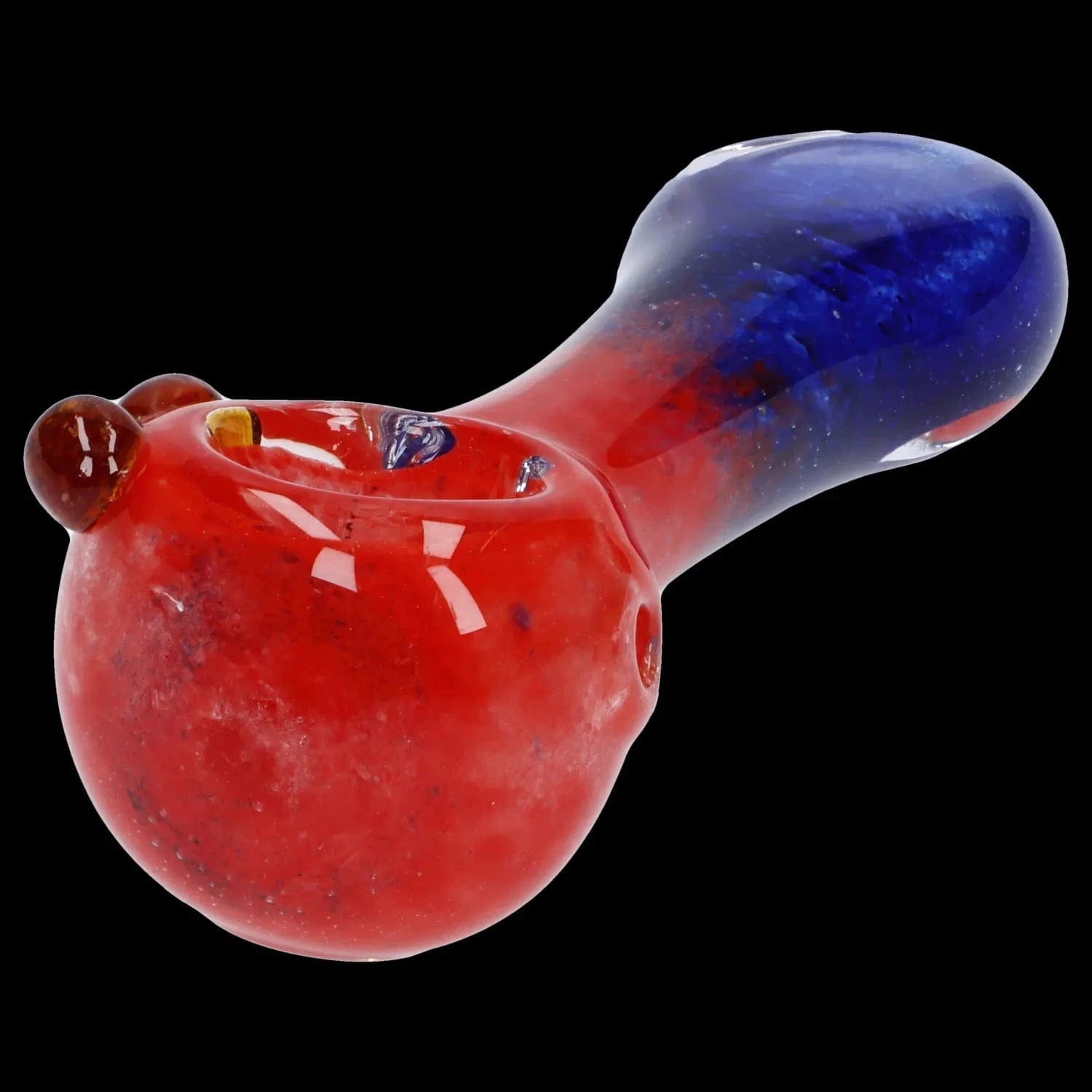 Close-up angled view of the Gradient Glass Frit Pipe - 3.5 in showing a red rounded bowl blending into a blue-tinted handle against a black background