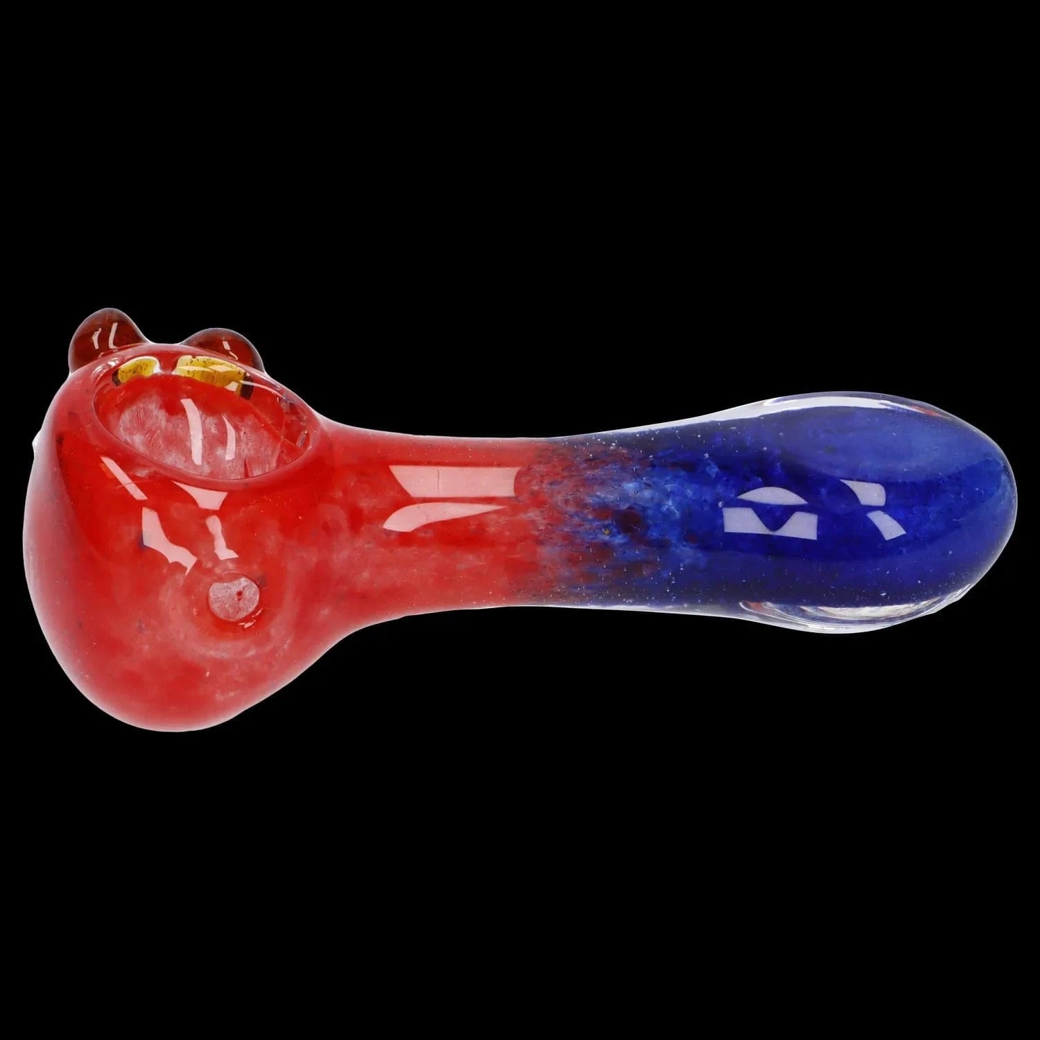 Side view of the Gradient Glass Frit Pipe - 3.5 in showing a red bulbous bowl that fades into a deep blue rounded mouthpiece against a black background.