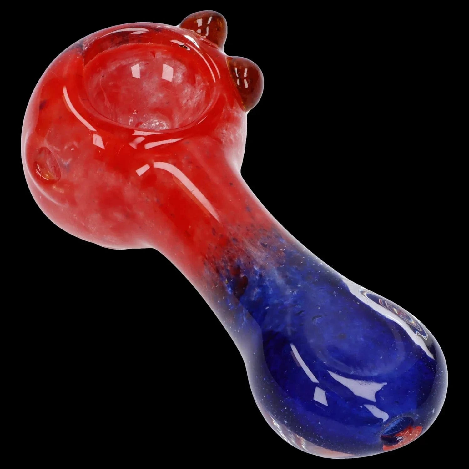 Angled close-up of the Gradient Glass Frit Pipe - 3.5 in showing a red bowl blending into a deep blue rounded handle against a black background