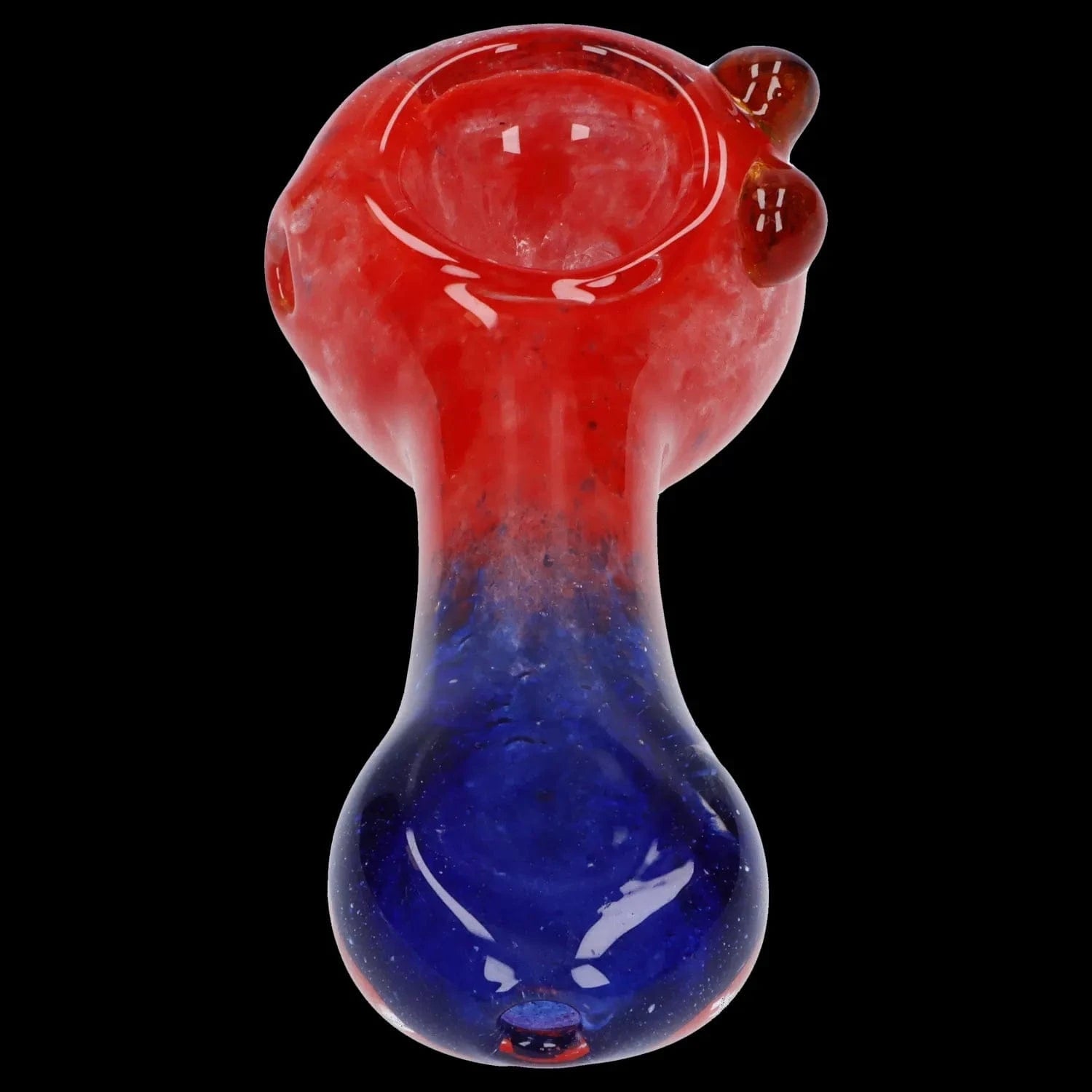 Top-down close-up of the Gradient Glass Frit Pipe - 3.5 in showing its red bowl transitioning to a deep blue body against a black background.