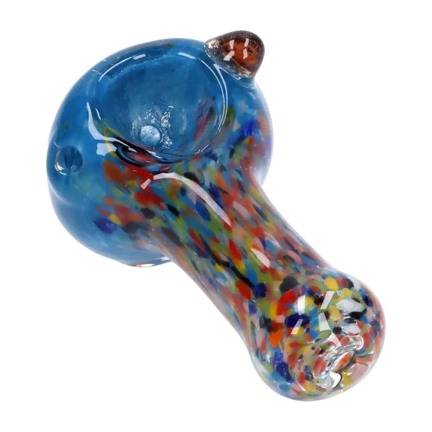 Angled close-up of the Multi Frit Pipe - 2.5 in showing its blue bowl and multicolored speckled stem against a white background