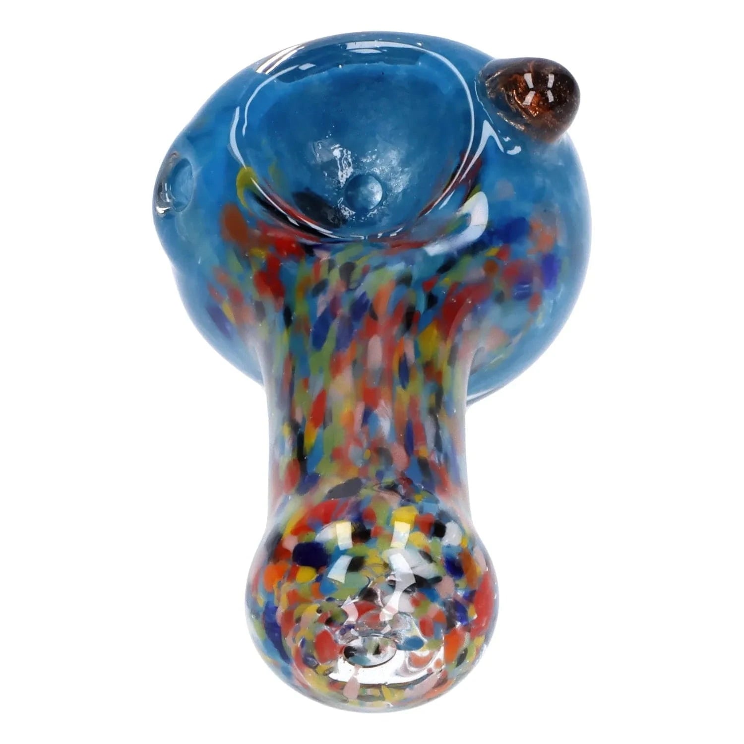 Top-down close-up of the blue Multi Frit Pipe - 2.5 in showing a rounded bowl, side carb and colorful speckled stem.