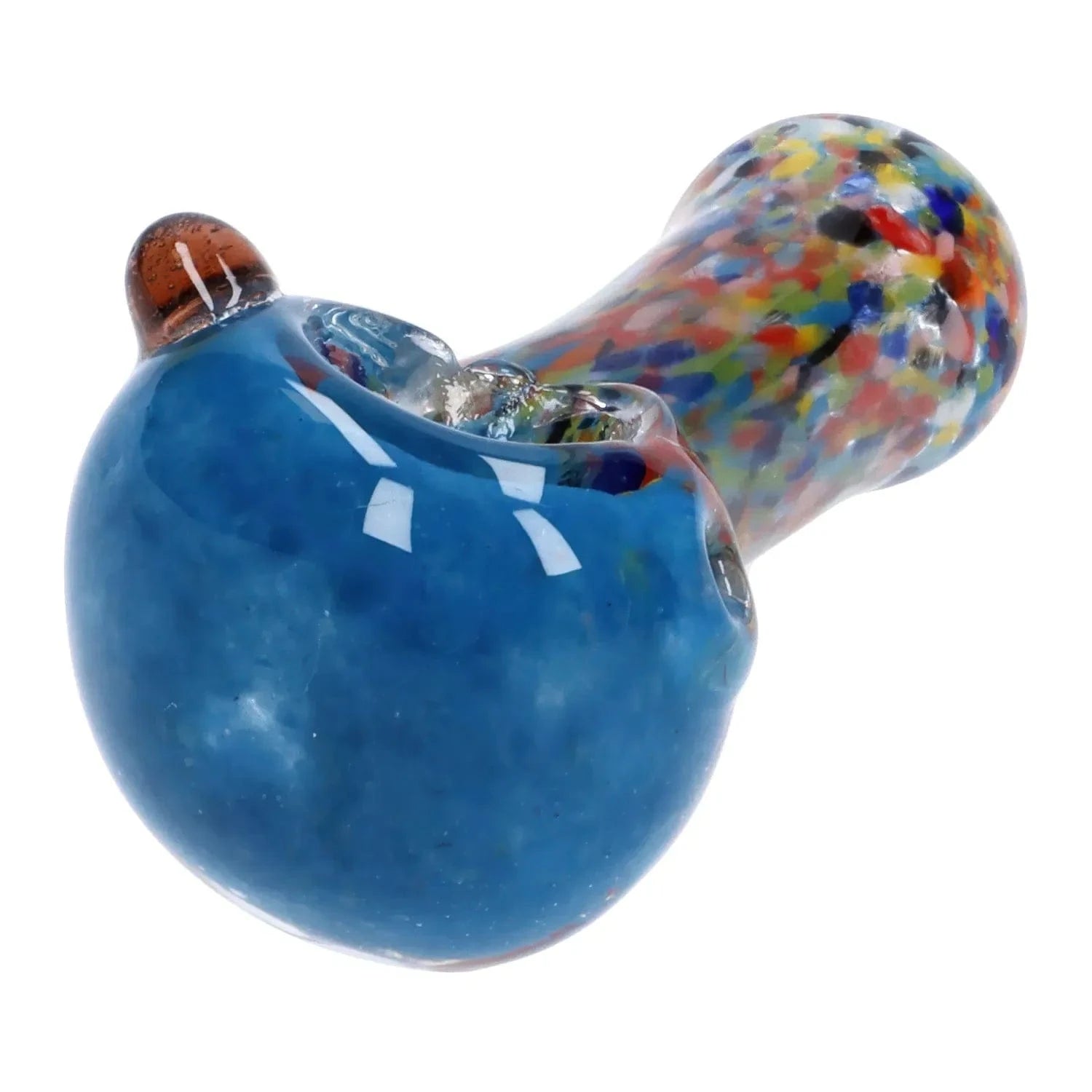 Close-up angled view of the Multi Frit Pipe - 2.5 in showing a glossy blue bowl and a multicolored speckled neck against a white background.