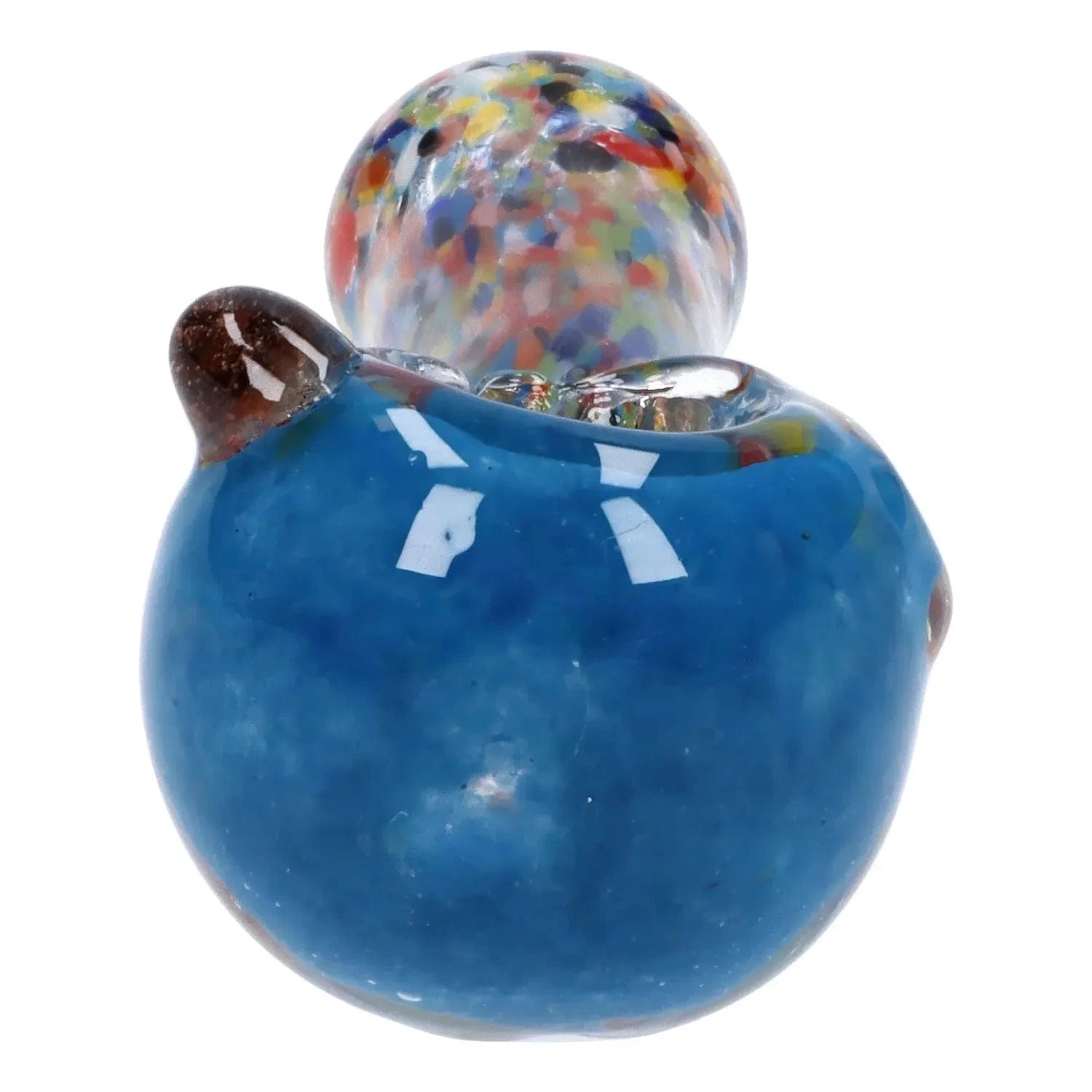 Close-up front view of the blue Multi Frit Pipe - 2.5 in showing its rounded bowl and speckled multicolor frit mouthpiece.