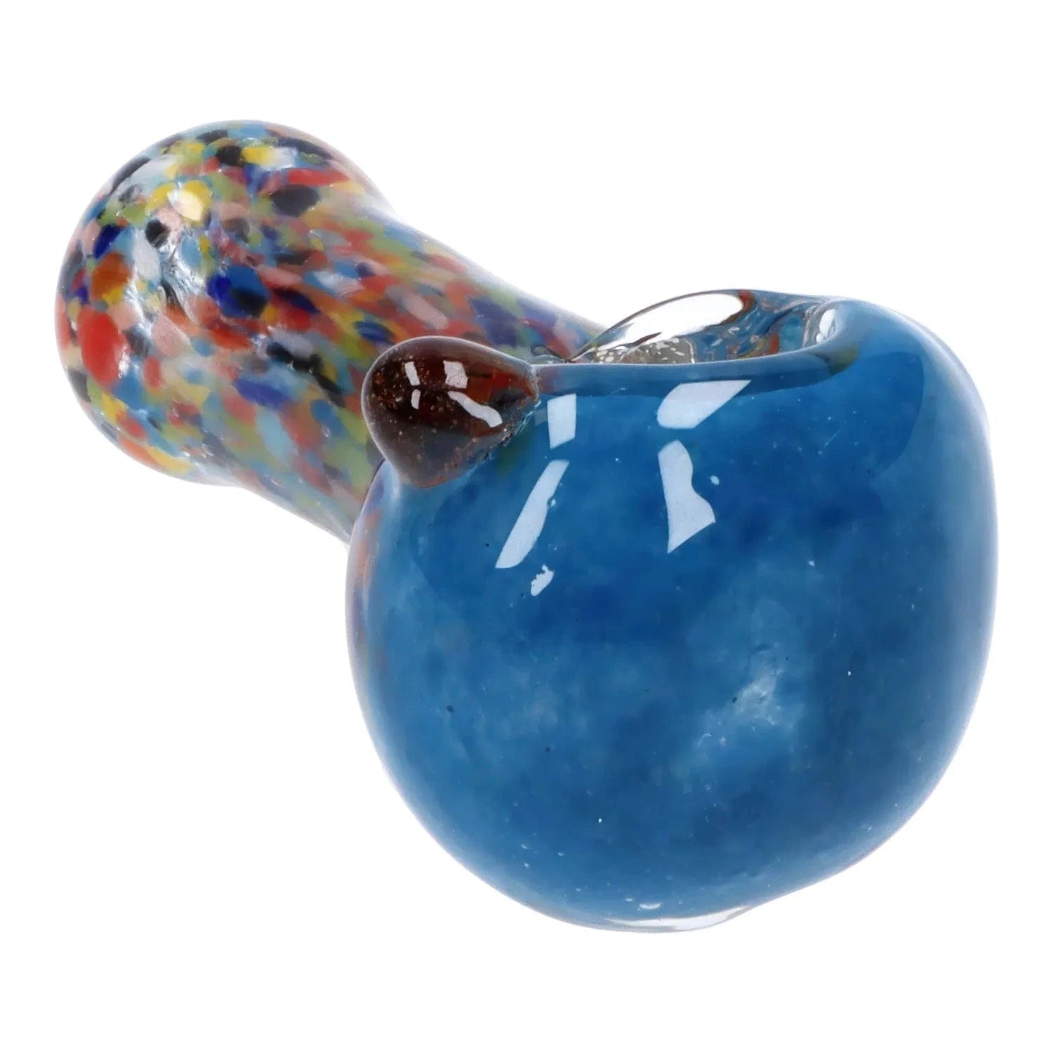 Close-up angled view of the Multi Frit Pipe - 2.5 in showing a glossy blue bowl and a multicolored speckled stem against a white background