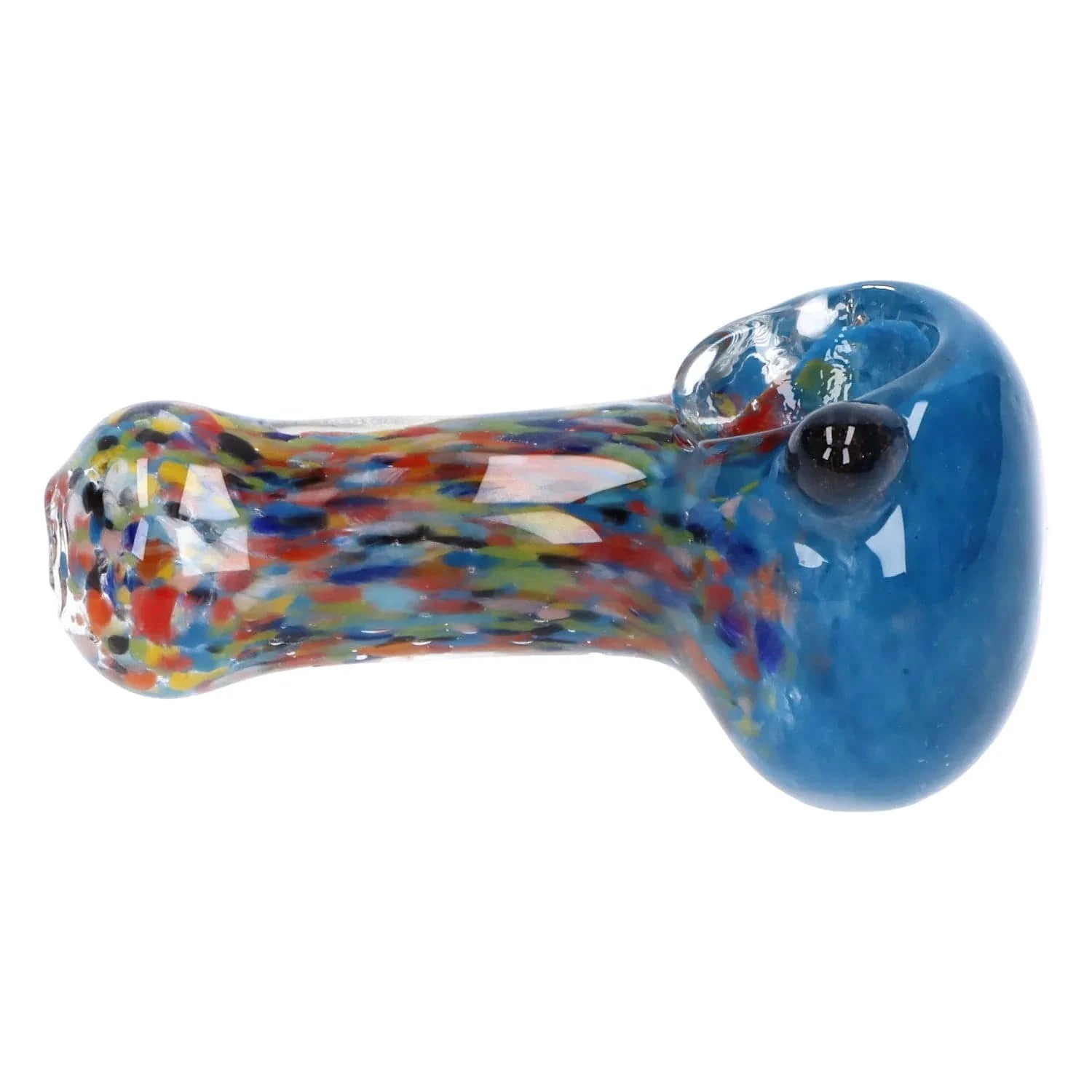 Side view of the Multi Frit Pipe - 2.5 in showing a blue glass bowl and multicolored speckled stem against a white background