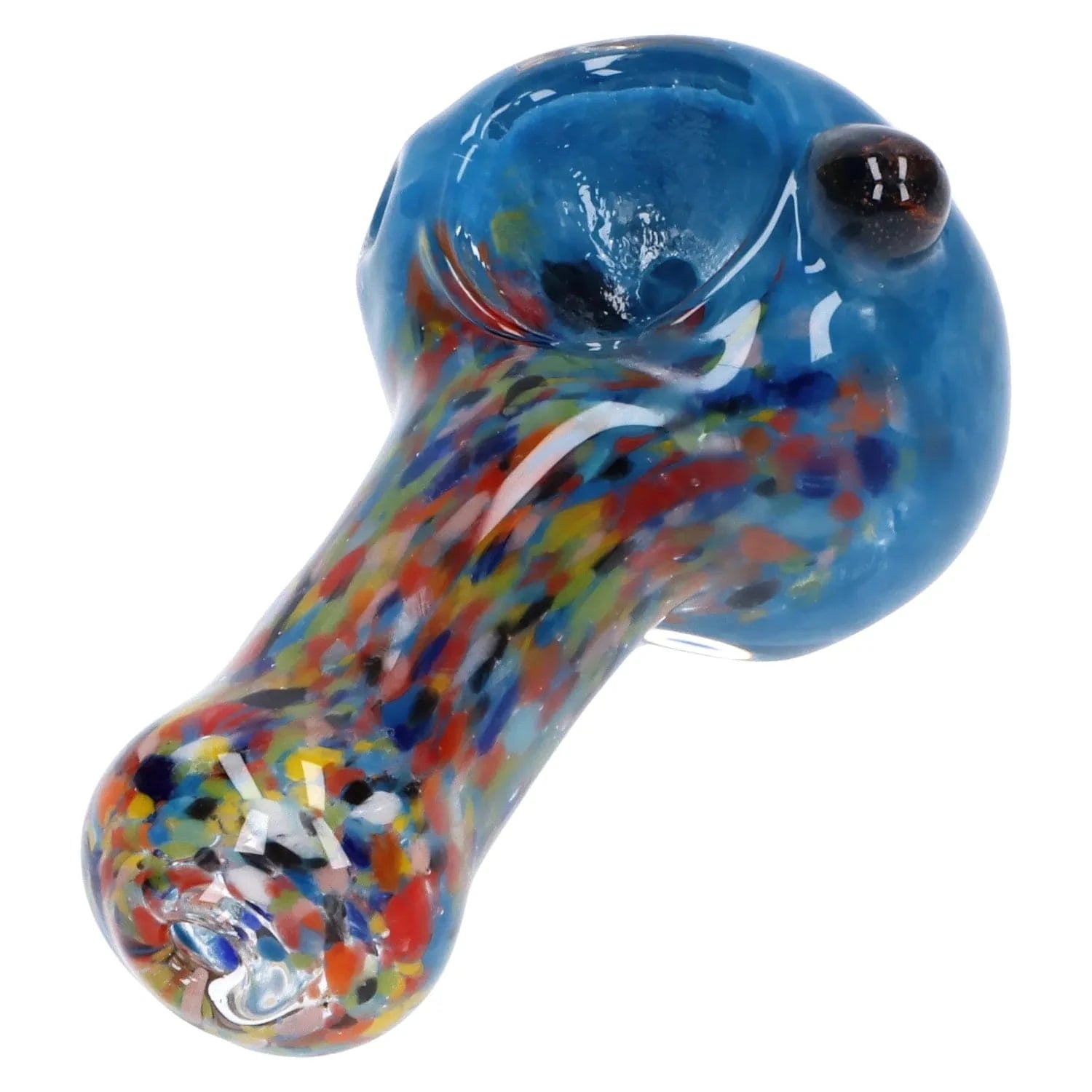 Close-up angled view of the blue Multi Frit Pipe - 2.5 in with a rounded bowl and multicolored speckled stem against a white background