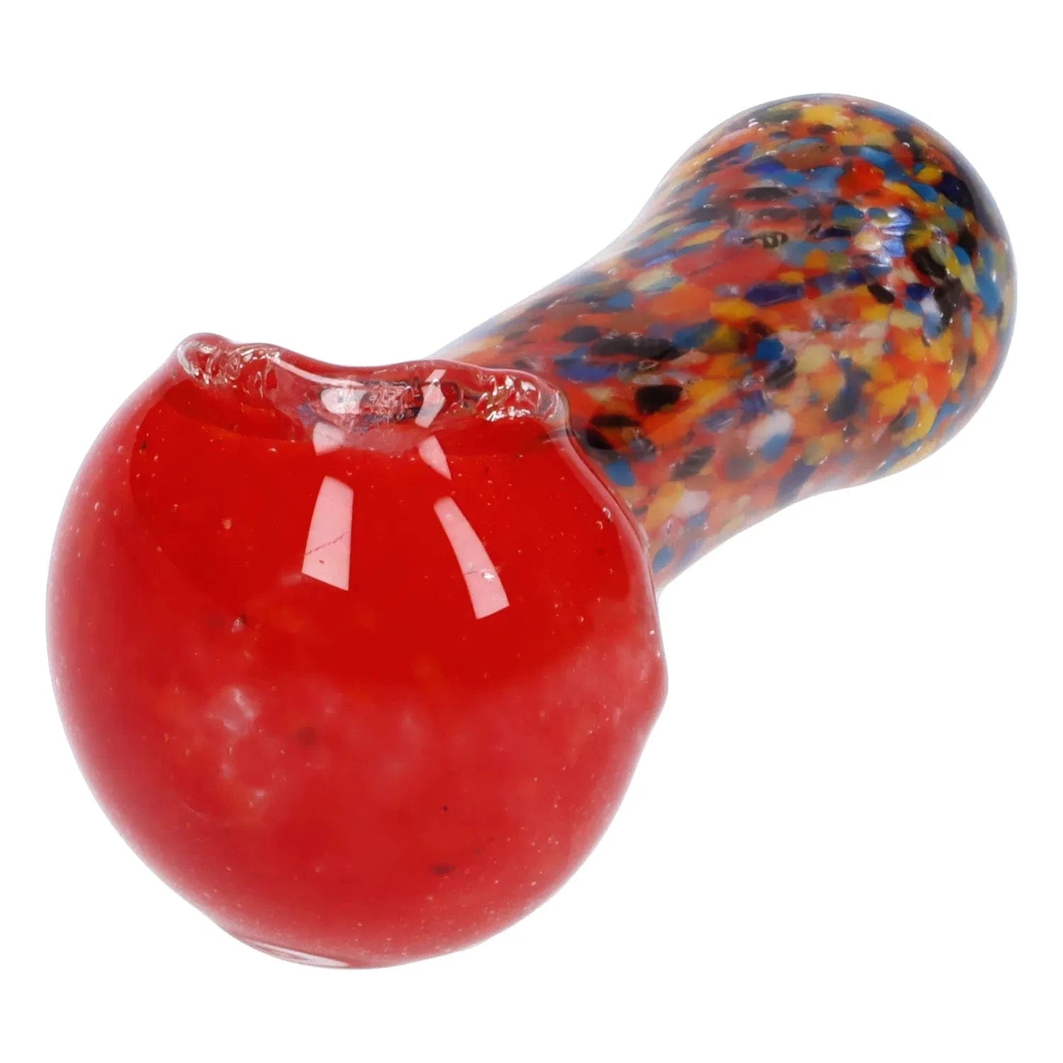 Close-up angled view of the Multi Frit Pipe - 2.5 in showing a glossy red bowl and a speckled multicolor handle against a white background
