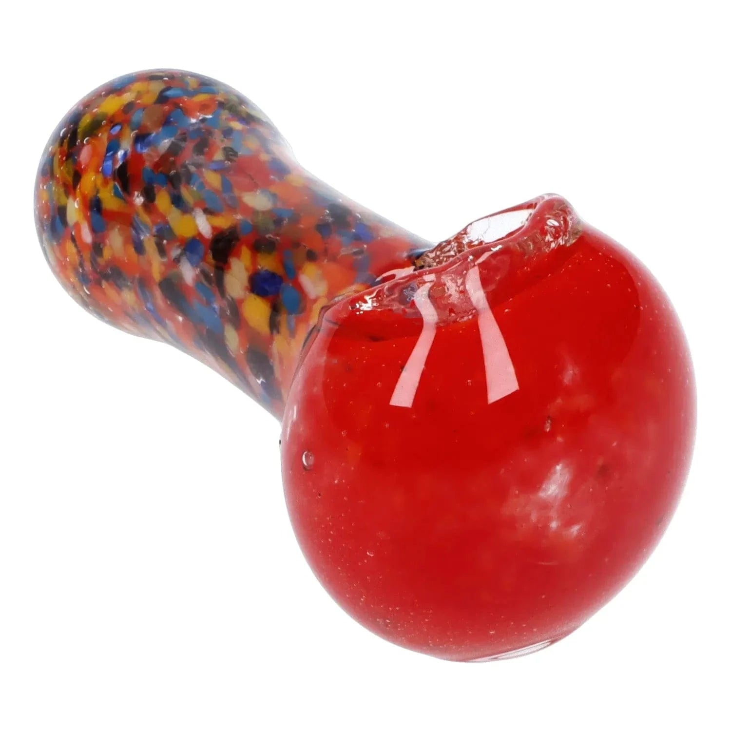 Close-up angled view of the Multi Frit Pipe - 2.5 in showing a glossy red bowl and a multicolored speckled neck against a white background