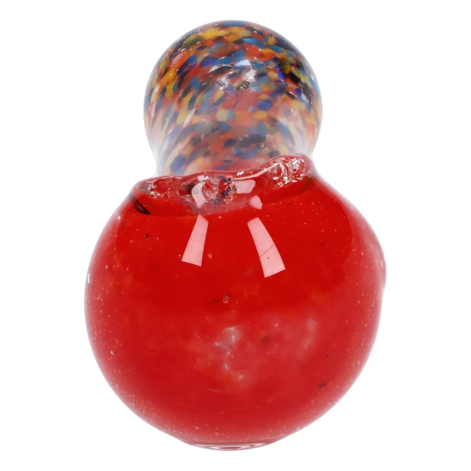 Close-up top-down view of the Multi Frit Pipe - 2.5 in showing a glossy red bowl and a multicolored speckled neck.