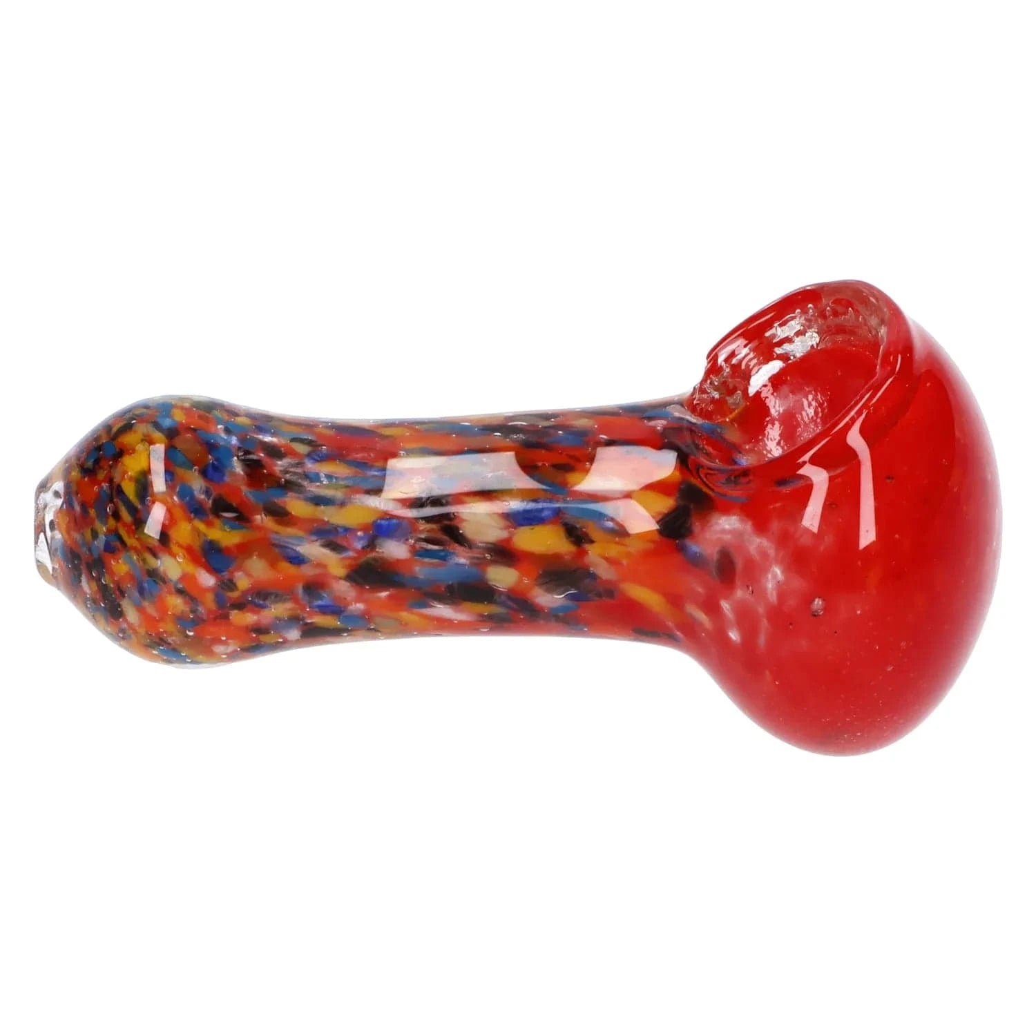 Side view of the Multi Frit Pipe - 2.5 in showing a red glass bowl and multicolored speckled stem on a white background