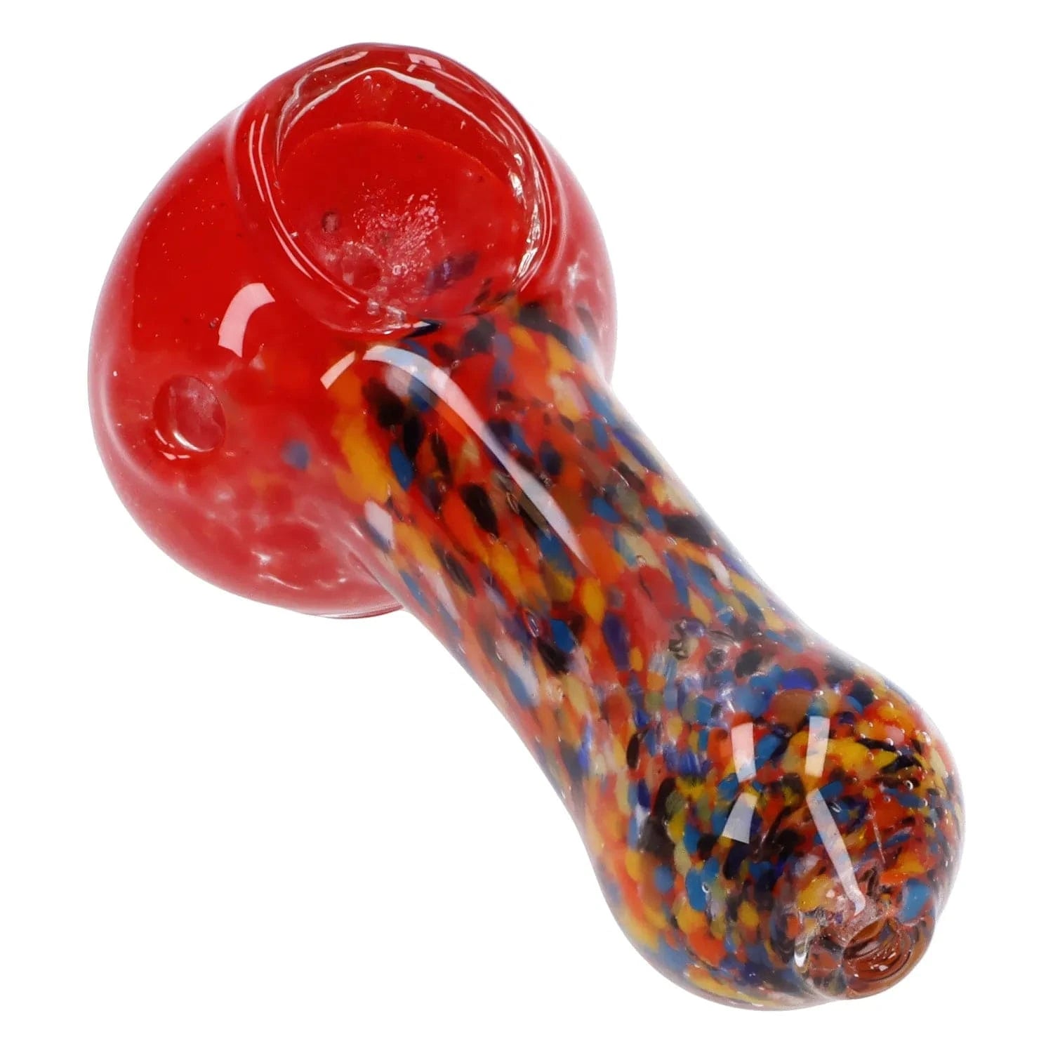 Close-up angled view of a colorful glass bowl of the Multi Frit Pipe - 2.5 in showing a red rounded head and a speckled multicolored stem against a white background