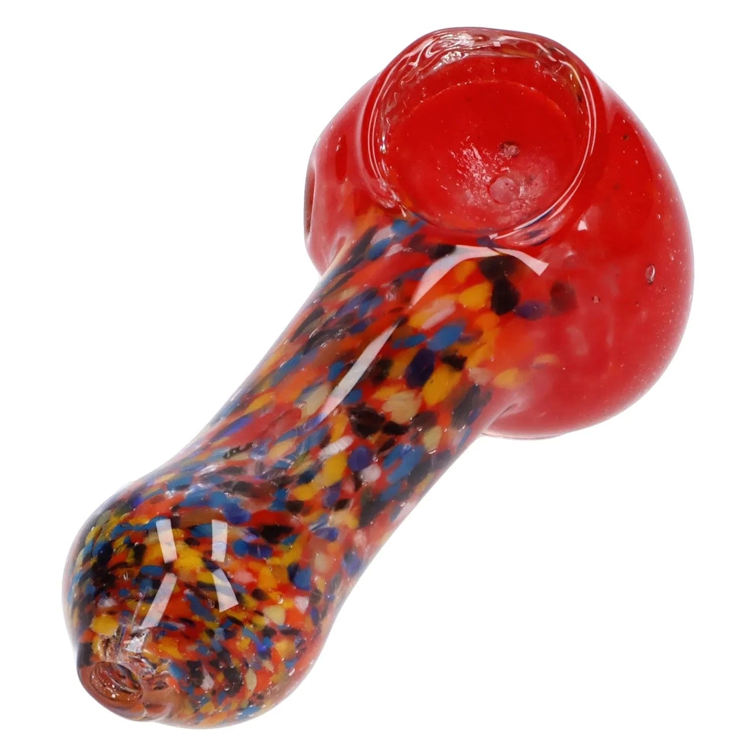 Close-up angled view of the red Multi Frit Pipe - 2.5 in showing its rounded bowl and speckled multicolor stem against a white background.