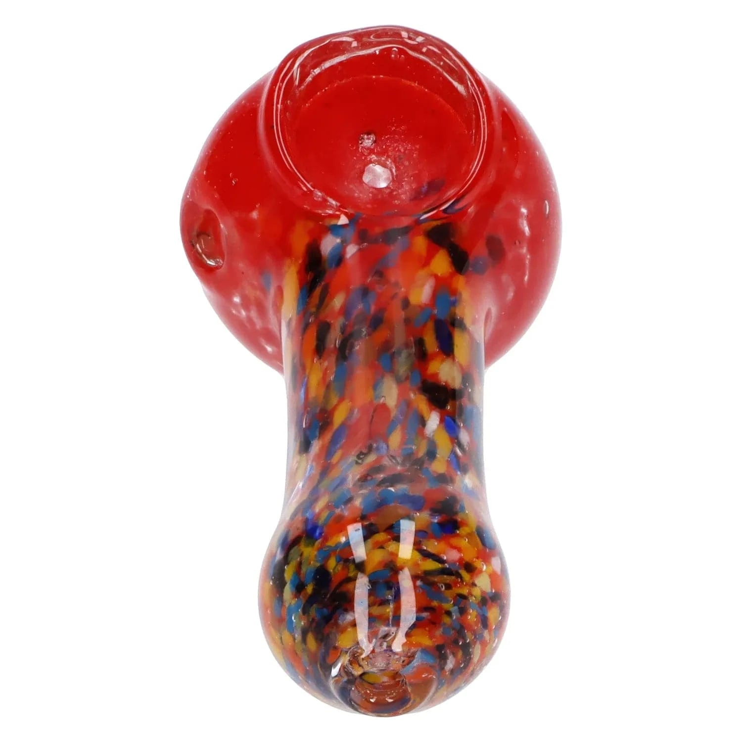 Top-down close-up of the Multi Frit Pipe - 2.5 in showing the red bowl and multicolored speckled stem against a white background.