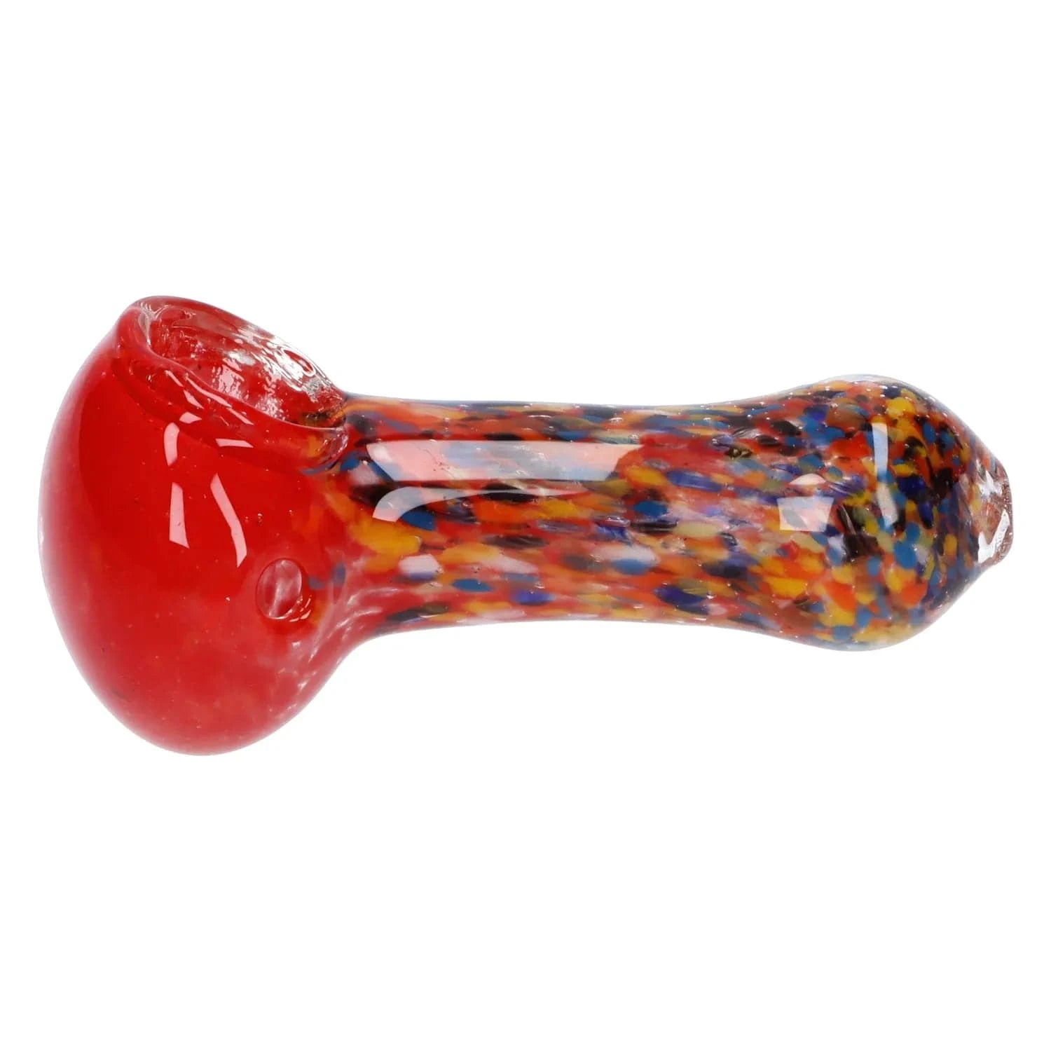 Side view of the Multi Frit Pipe - 2.5 in showing a red bowl and multicolored speckled glass body on a white background