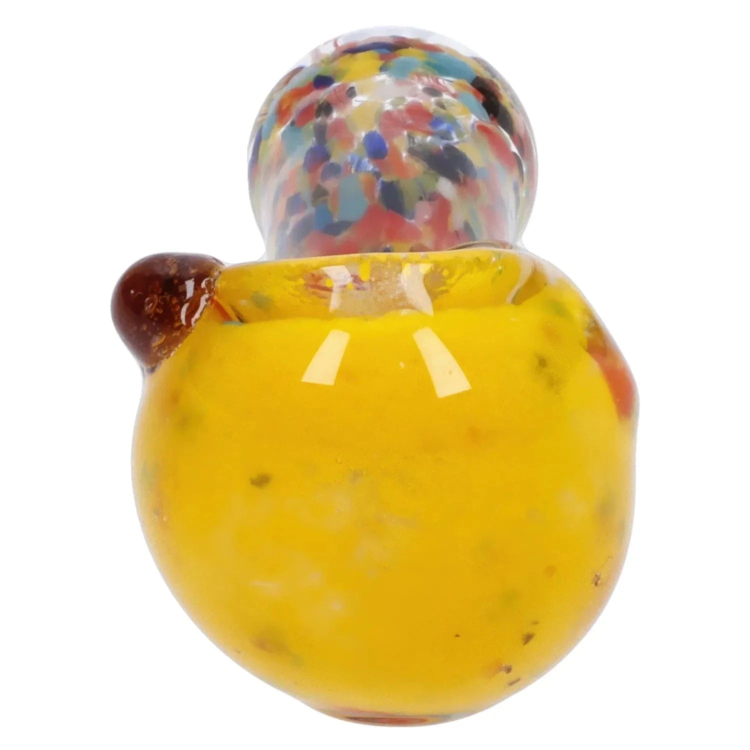 Close-up front view of the colorful 2.5 in Multi Frit Pipe - 2.5 in showing a glossy yellow bowl and speckled multicolor neck against a white background.