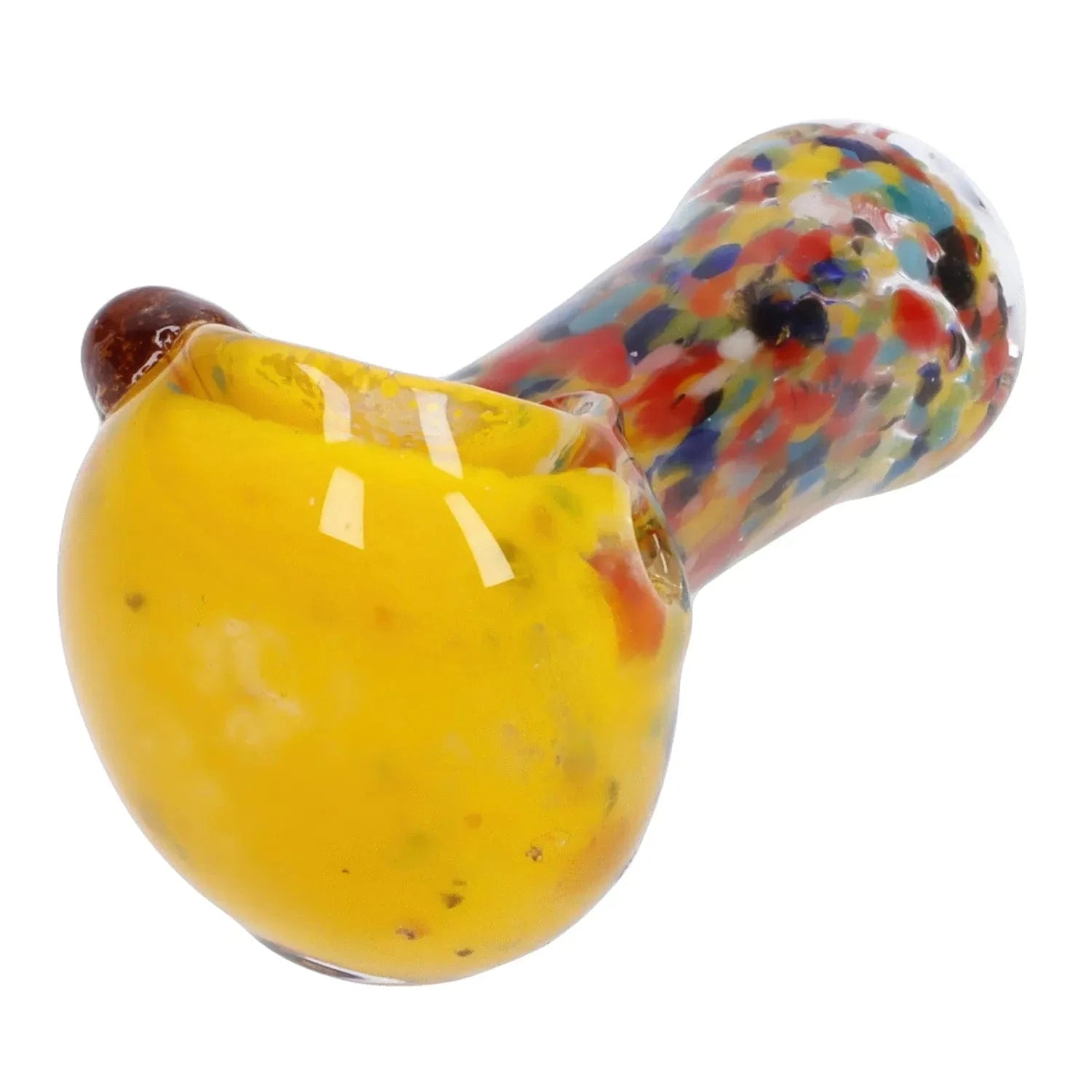 Close-up angled view of the Multi Frit Pipe - 2.5 in showing a glossy yellow bowl transitioning to a multicolored speckled stem on a white background